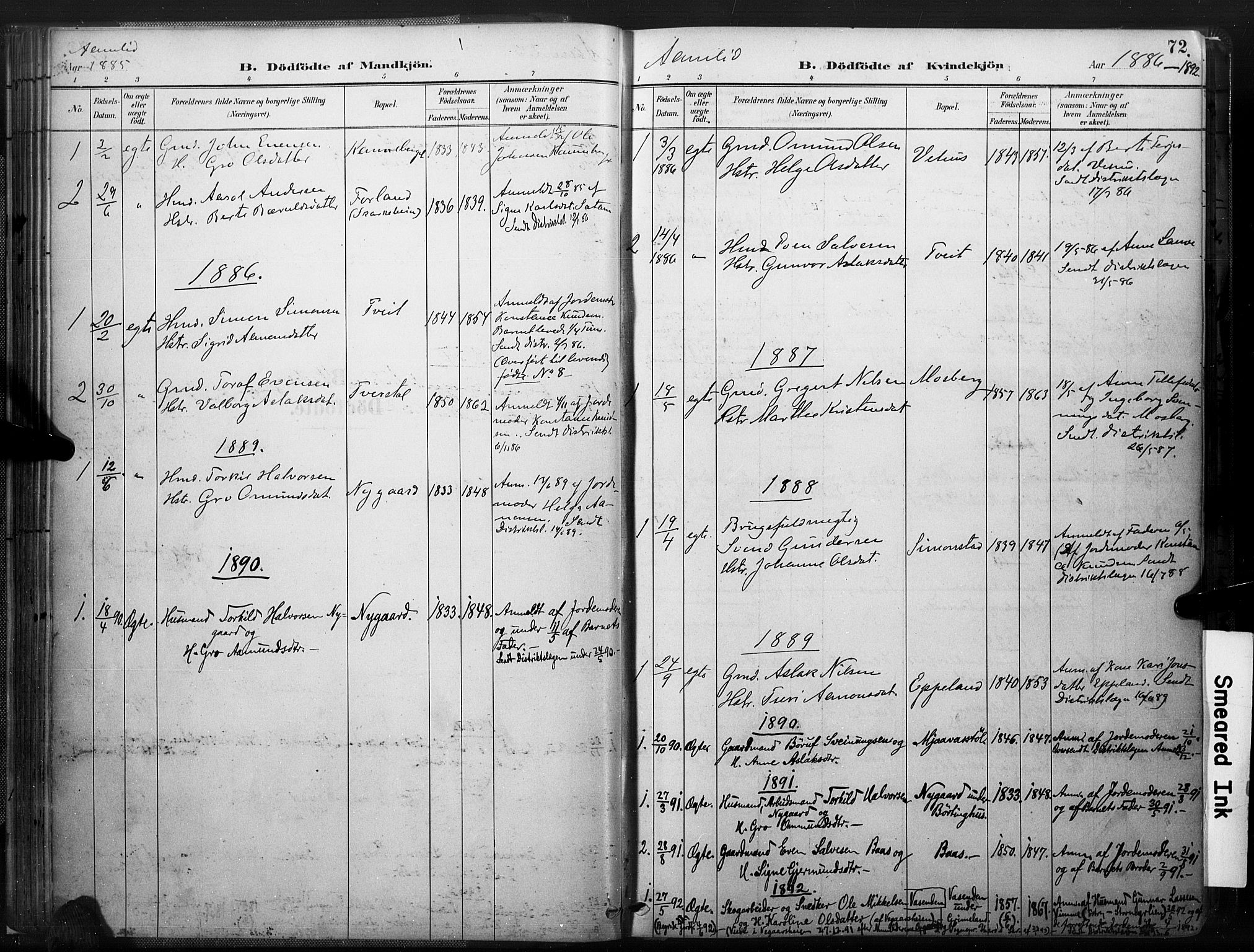 Åmli sokneprestkontor, AV/SAK-1111-0050/F/Fa/Fac/L0010: Parish register (official) no. A 10 /1, 1885-1899, p. 72