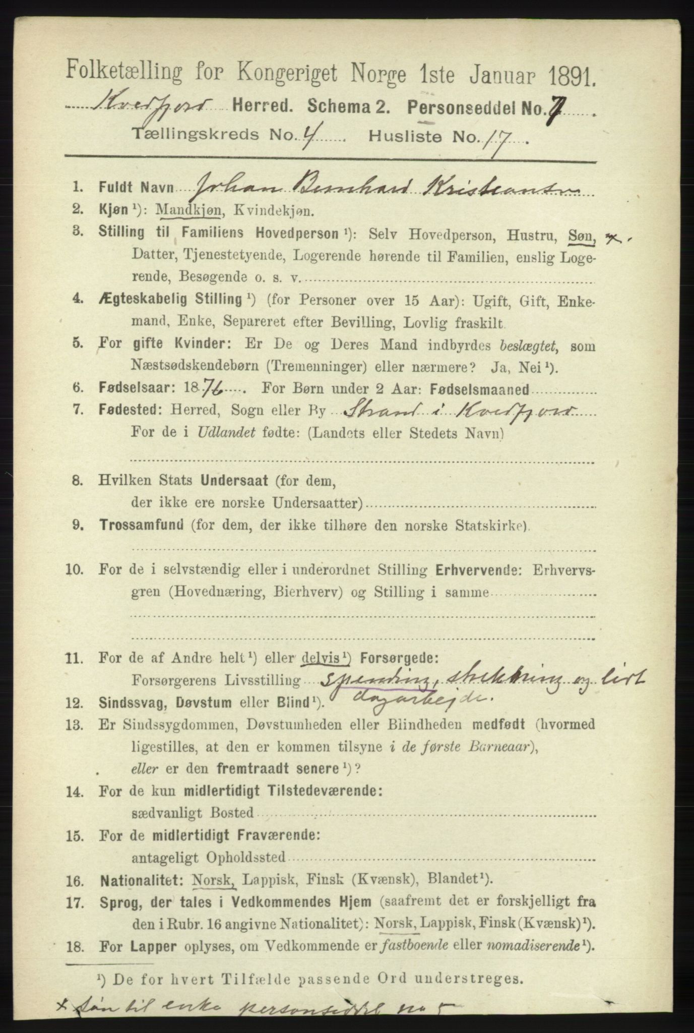 RA, 1891 census for 1911 Kvæfjord, 1891, p. 1999