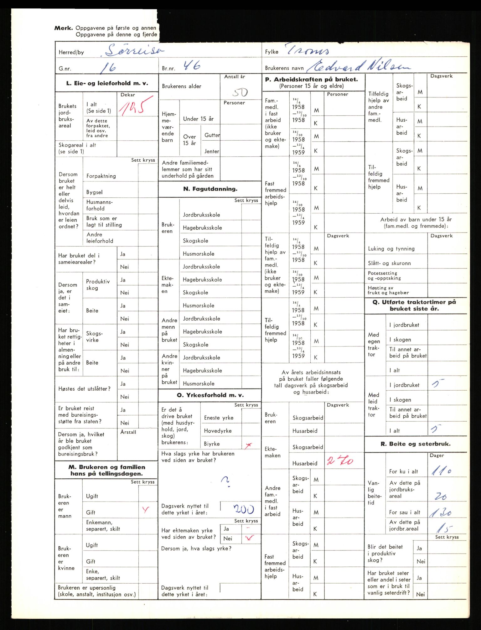 Statistisk sentralbyrå, Næringsøkonomiske emner, Jordbruk, skogbruk, jakt, fiske og fangst, AV/RA-S-2234/G/Gd/L0656: Troms: 1924 Målselv (kl. 0-3) og 1925 Sørreisa, 1959, p. 1484