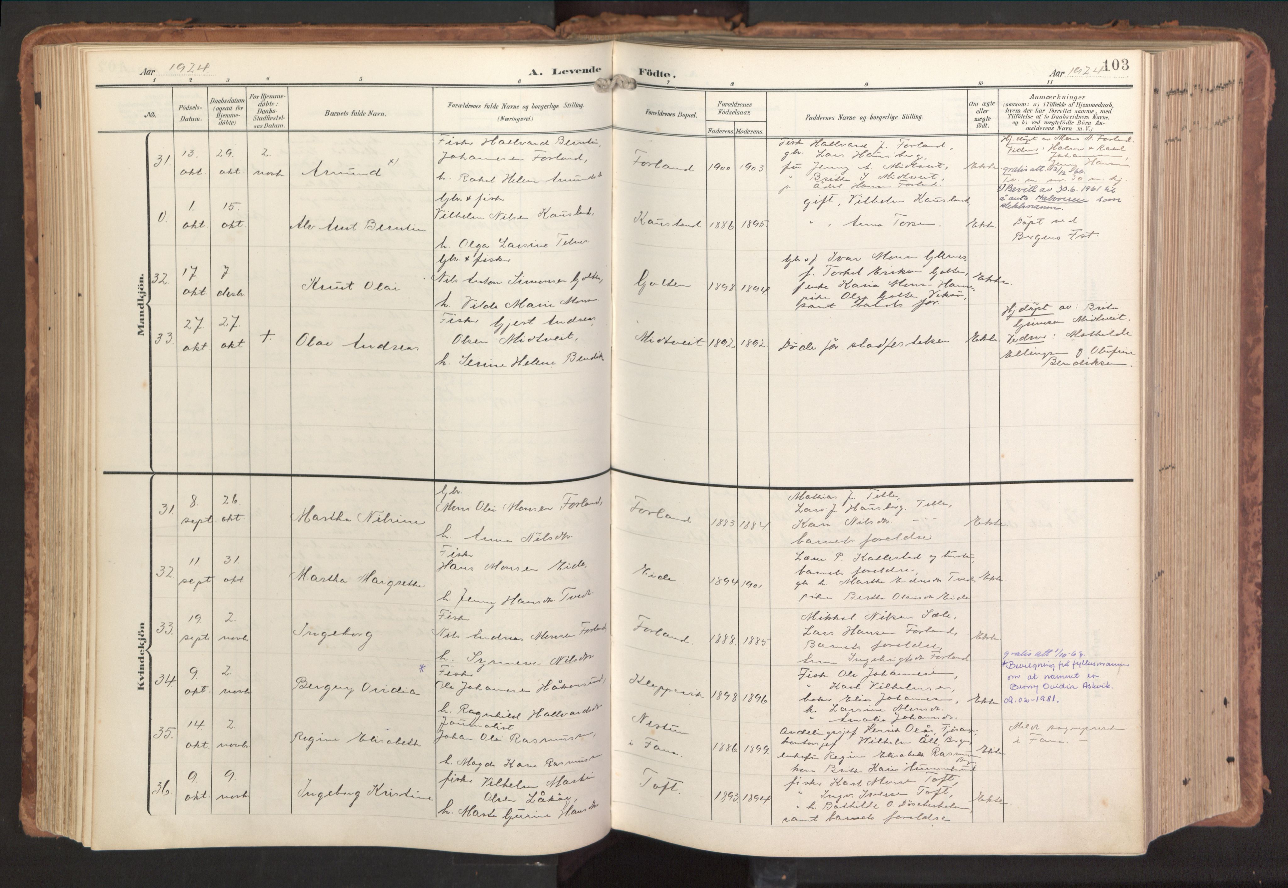 Sund sokneprestembete, AV/SAB-A-99930: Parish register (official) no. B 2, 1907-1926, p. 103