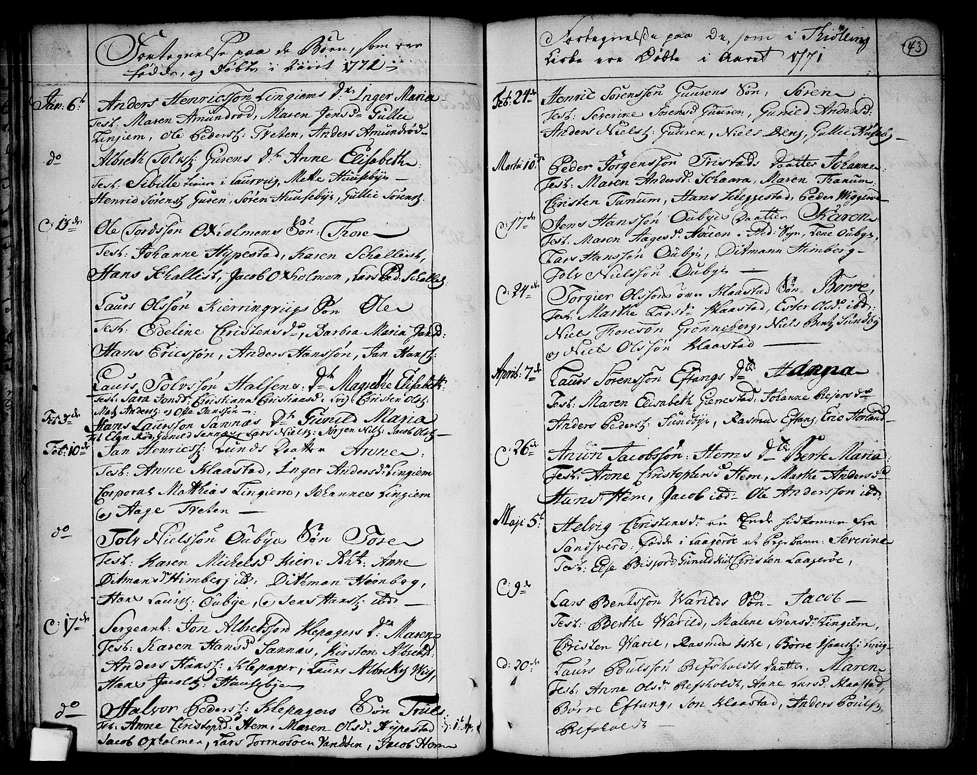 Tjølling kirkebøker, SAKO/A-60/F/Fa/L0003: Parish register (official) no. 3, 1735-1778, p. 43