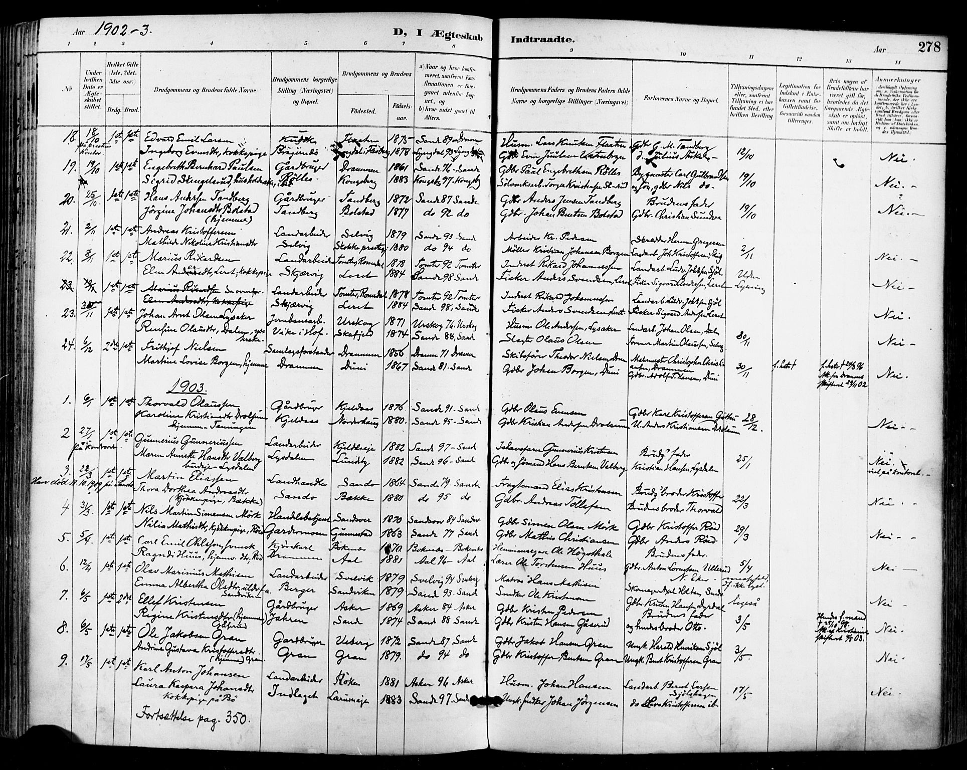 Sande Kirkebøker, AV/SAKO-A-53/F/Fa/L0007: Parish register (official) no. 7, 1888-1903, p. 278