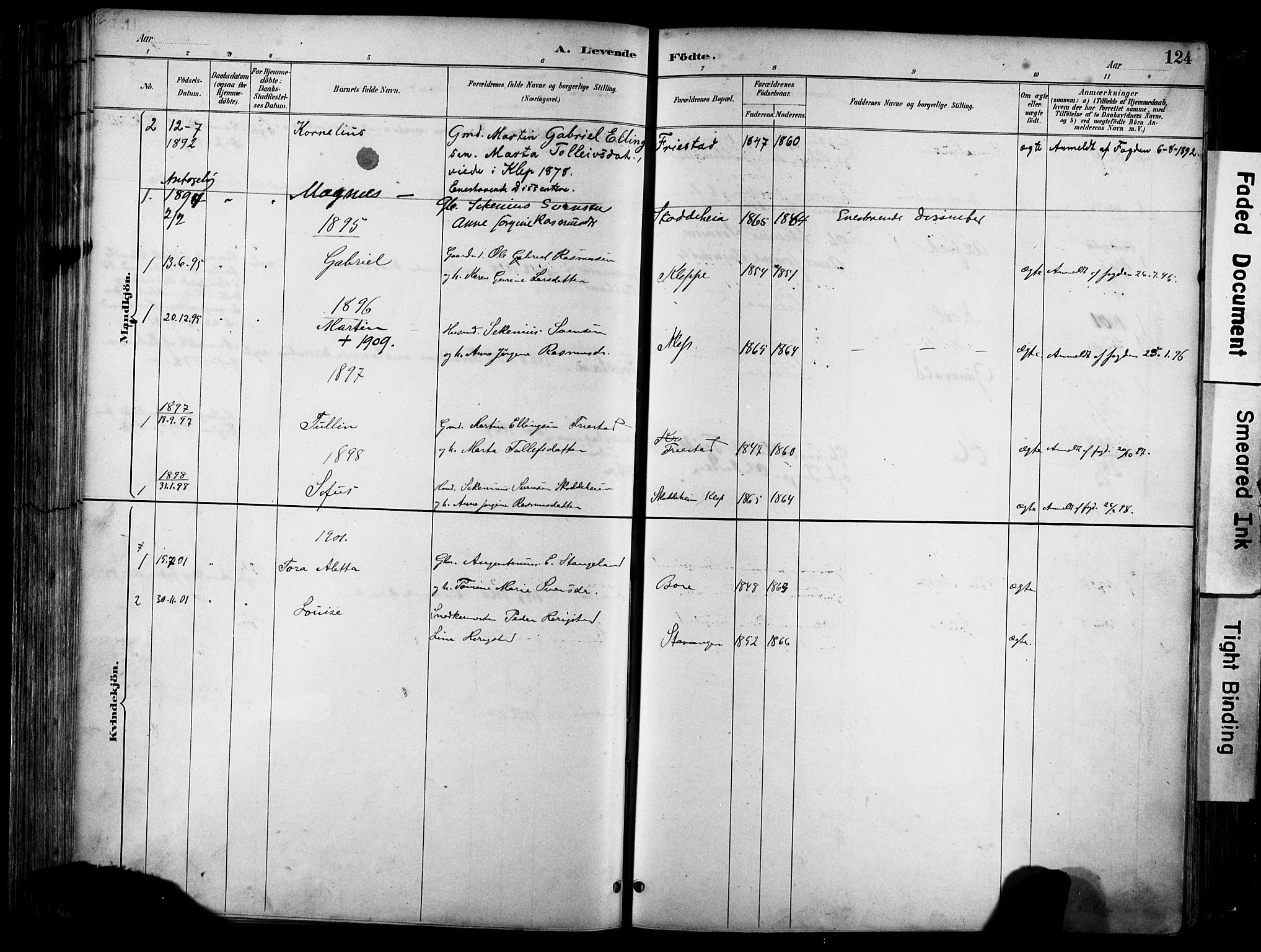 Klepp sokneprestkontor, SAST/A-101803/001/3/30BA/L0009: Parish register (official) no. A 7, 1886-1915, p. 124