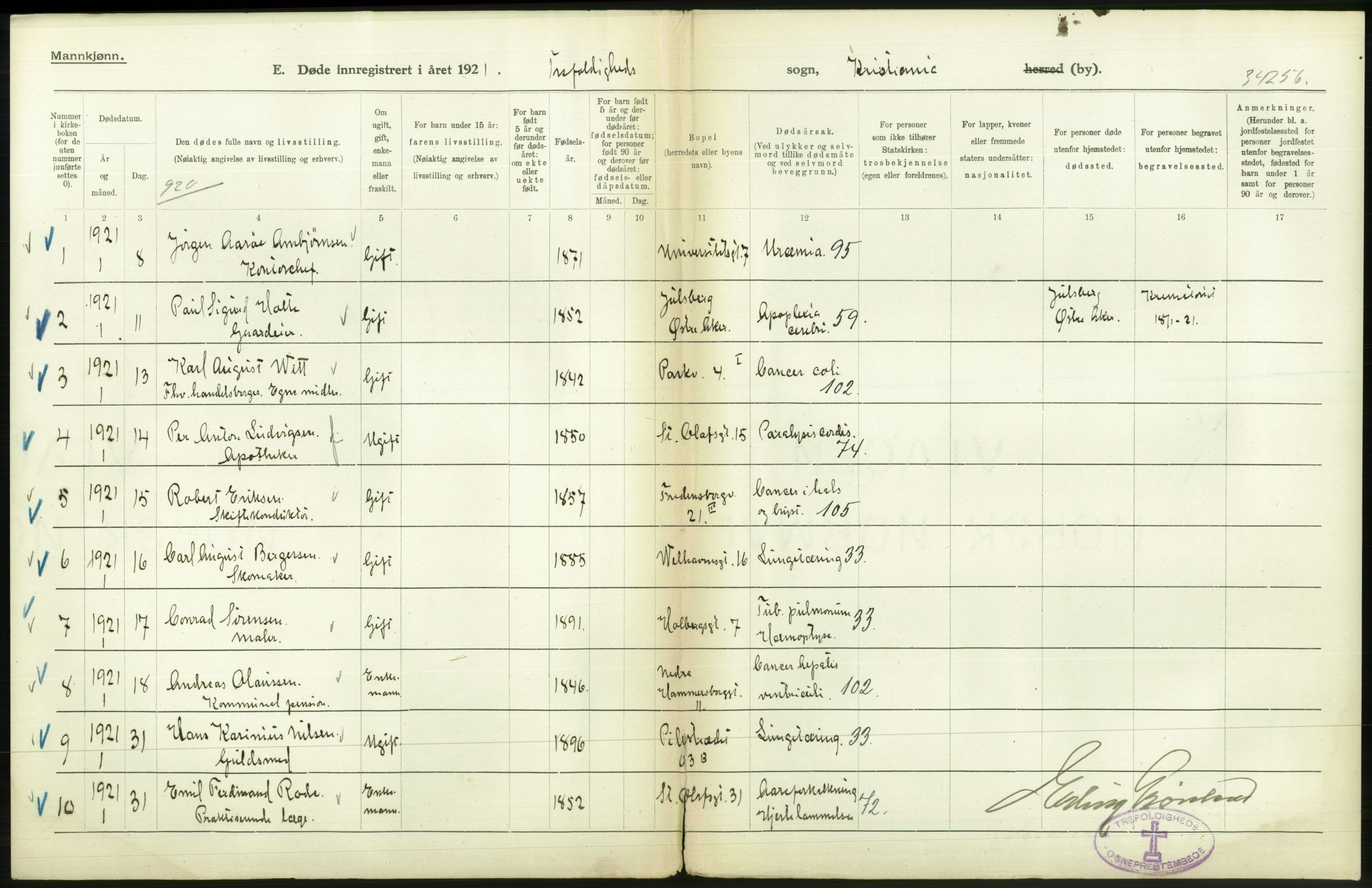 Statistisk sentralbyrå, Sosiodemografiske emner, Befolkning, AV/RA-S-2228/D/Df/Dfc/Dfca/L0012: Kristiania: Døde, 1921, p. 470