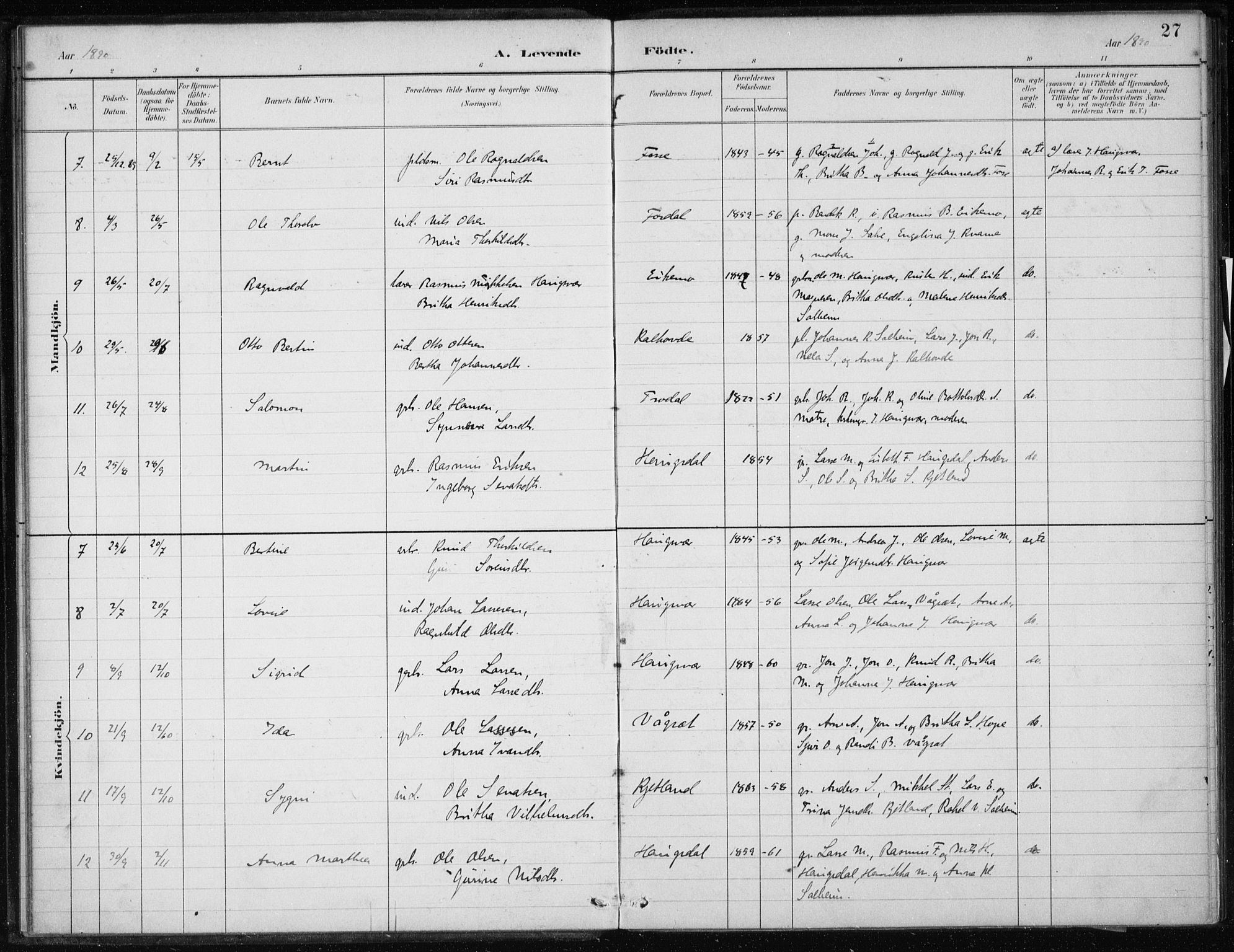 Masfjorden Sokneprestembete, AV/SAB-A-77001: Parish register (official) no. C  1, 1882-1896, p. 27