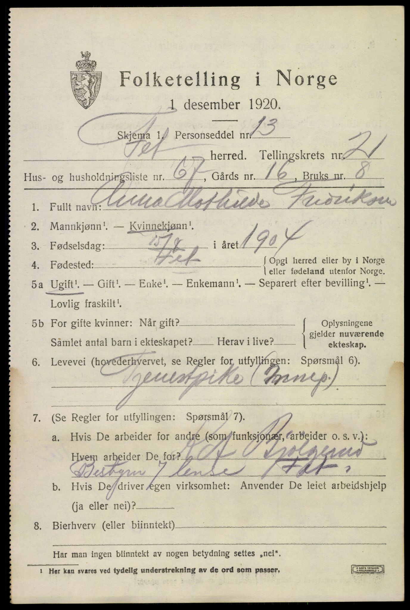 SAO, 1920 census for Fet, 1920, p. 3774