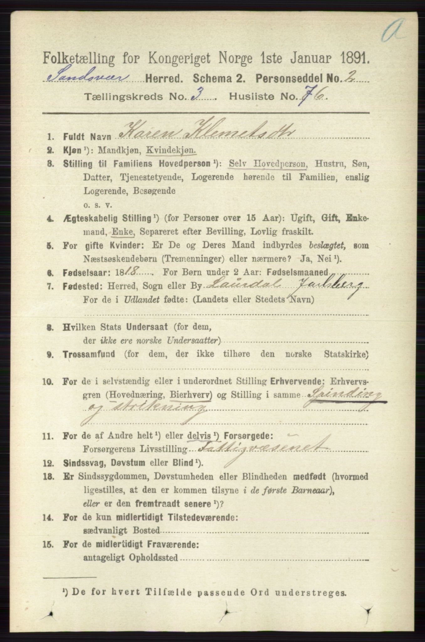 RA, 1891 census for 0629 Sandsvær, 1891, p. 1709