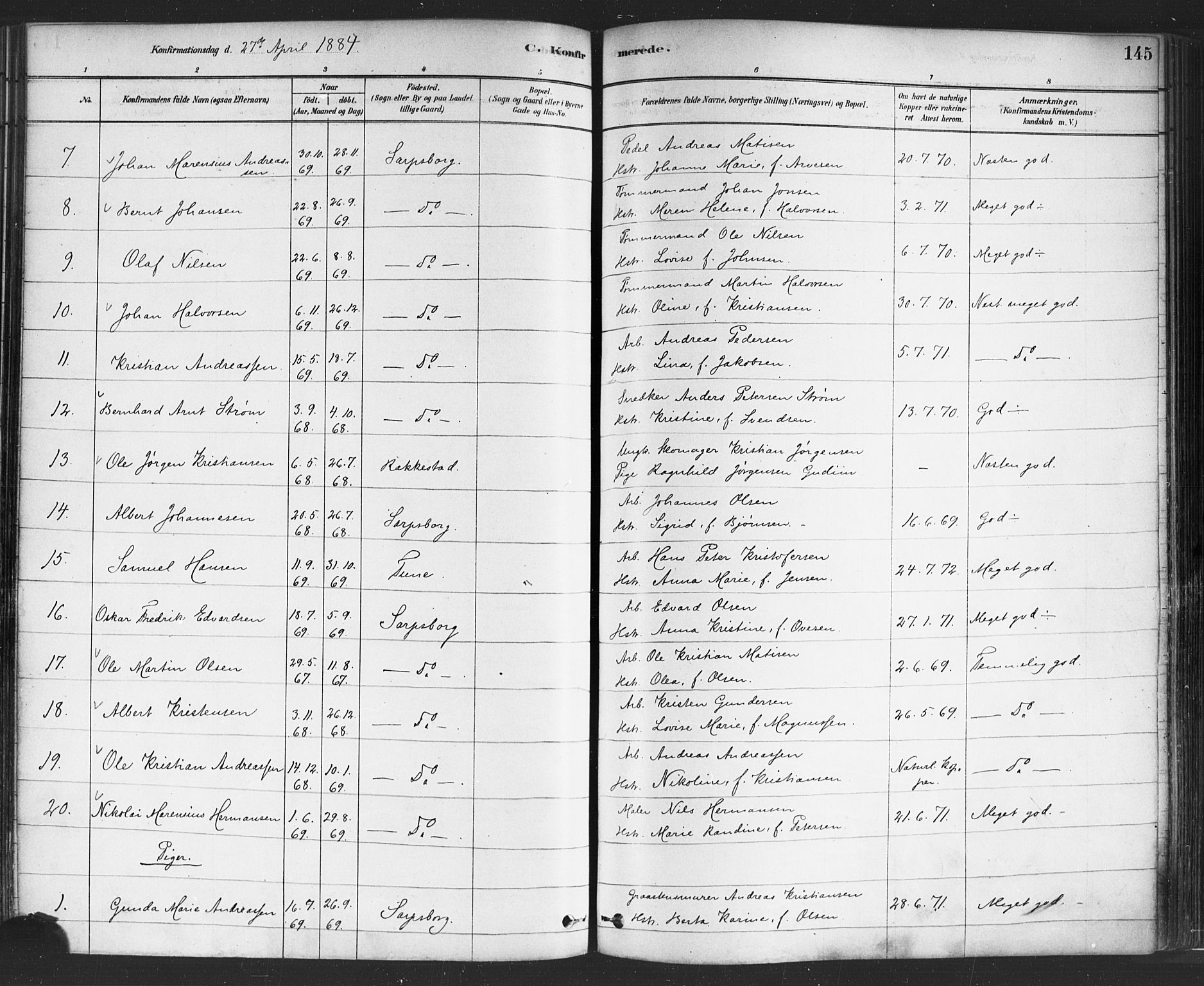 Sarpsborg prestekontor Kirkebøker, SAO/A-2006/F/Fa/L0003: Parish register (official) no. 3, 1878-1891, p. 145