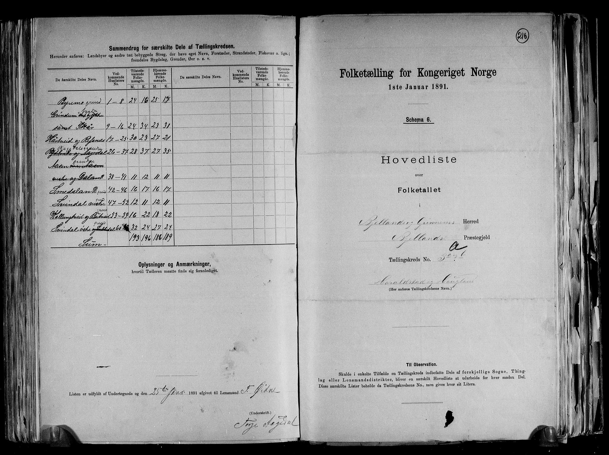 RA, 1891 census for 1024 Bjelland og Grindheim, 1891, p. 14