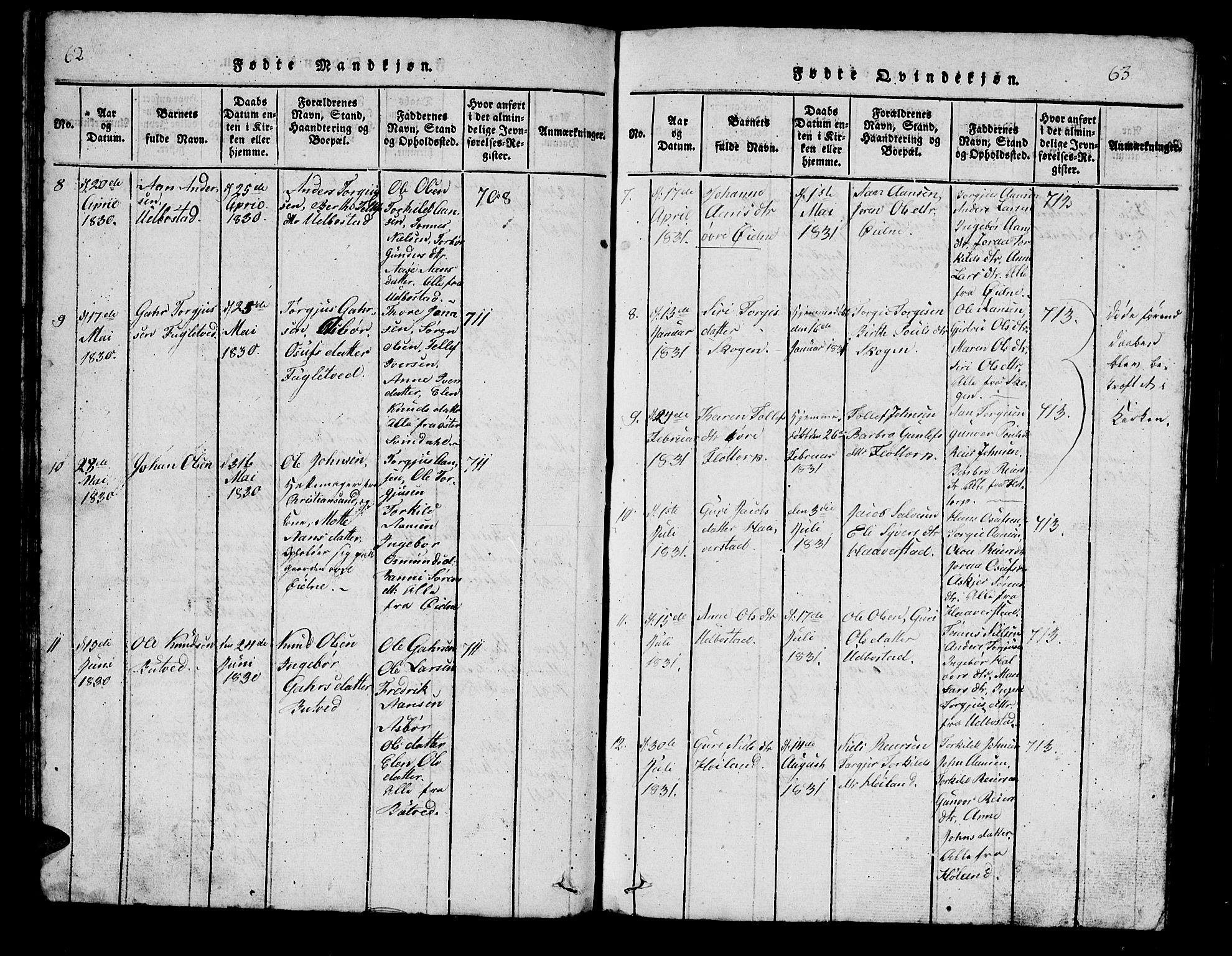 Bjelland sokneprestkontor, SAK/1111-0005/F/Fb/Fbc/L0001: Parish register (copy) no. B 1, 1815-1870, p. 62-63