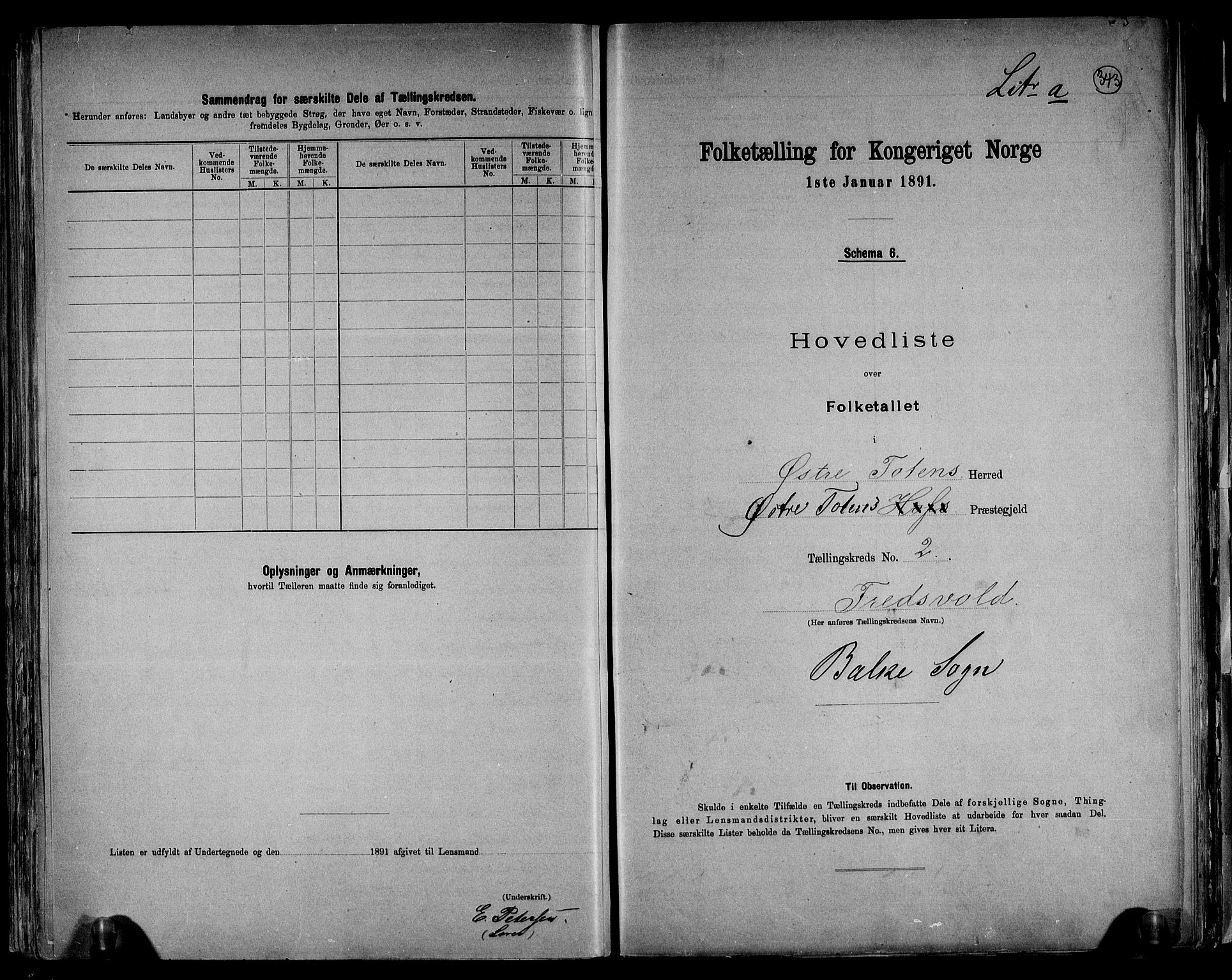 RA, 1891 census for 0528 Østre Toten, 1891, p. 6