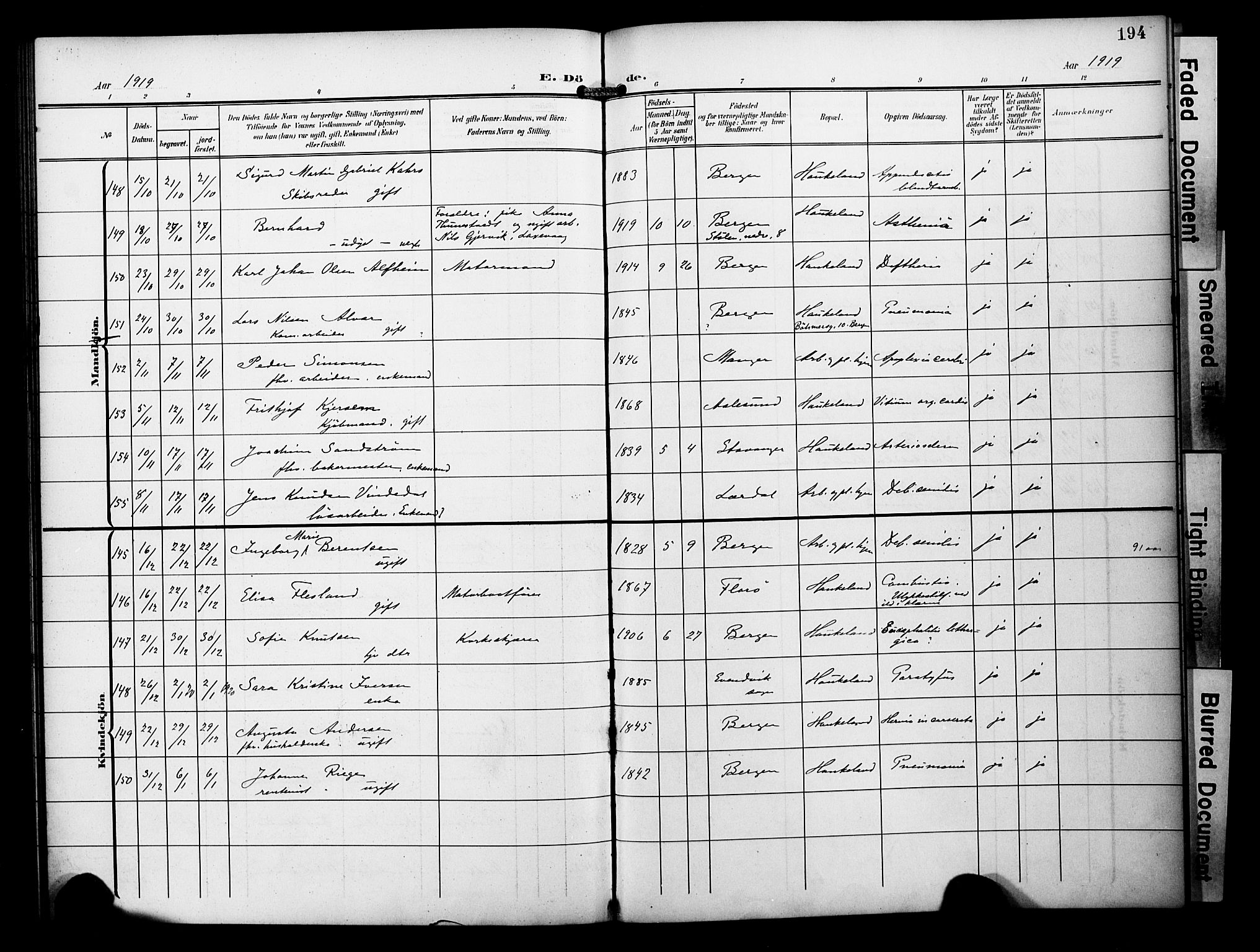 Bergen kommunale pleiehjem - stiftelsespresten, AV/SAB-A-100281: Parish register (official) no. A 6, 1908-1920, p. 194