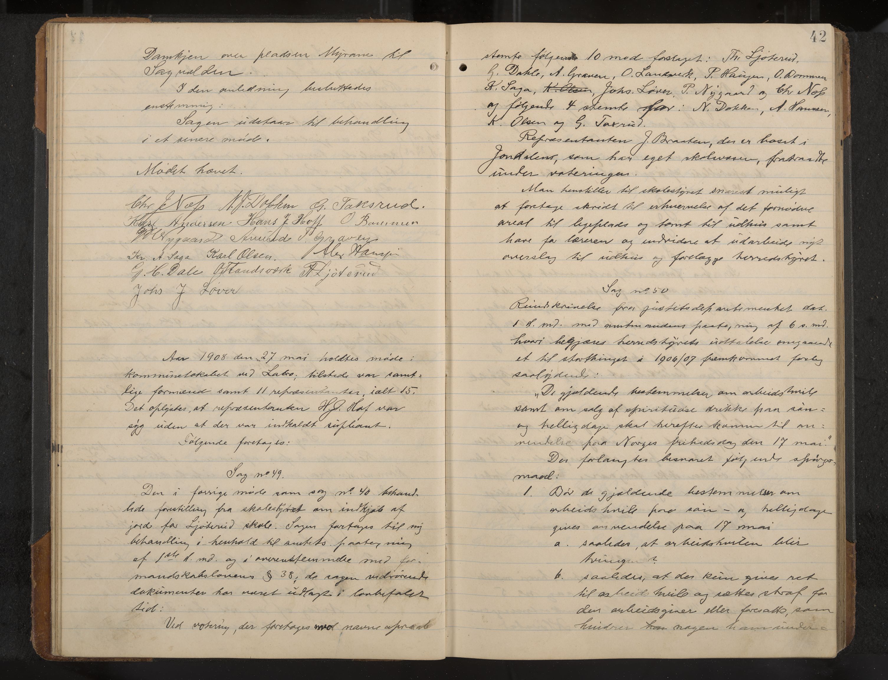 Øvre Sandsvær formannskap og sentraladministrasjon, IKAK/0630021/A/L0001: Møtebok med register, 1908-1913, p. 42