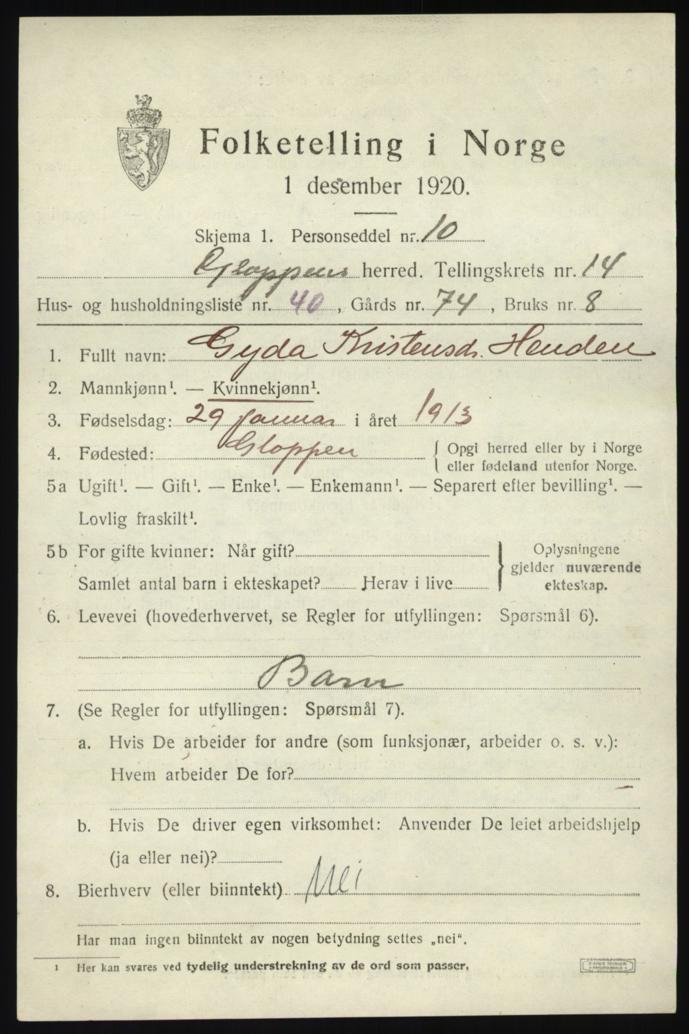 SAB, 1920 census for Gloppen, 1920, p. 7412