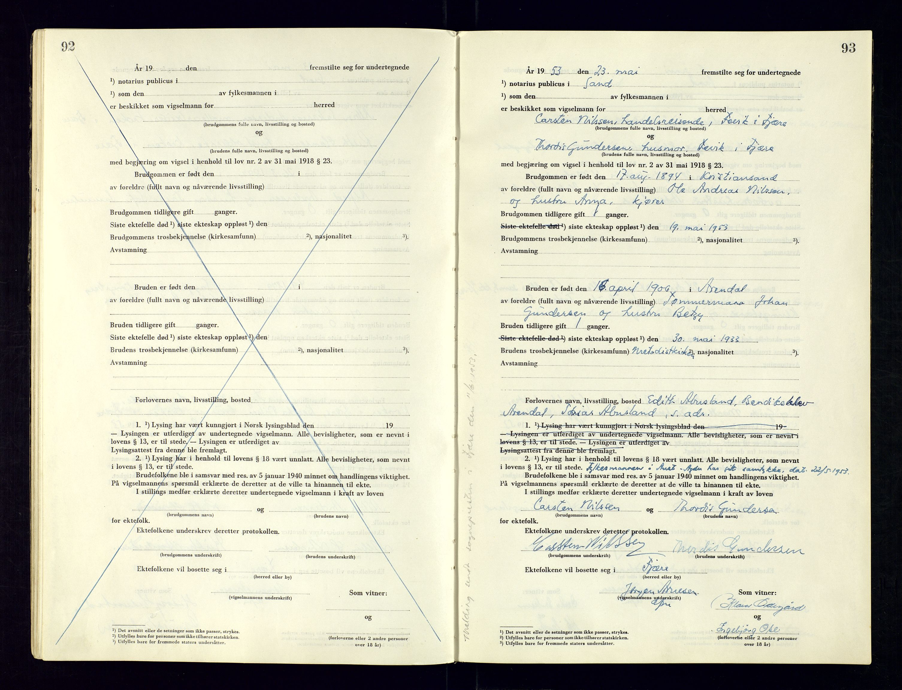 Sand sorenskriveri - 2, AV/SAK-1221-0110/I/Ib/L0532/0005: Lysning og vigsel / Vigselbok for Sand sorenskriverembete, 1944-1967, p. 92-93