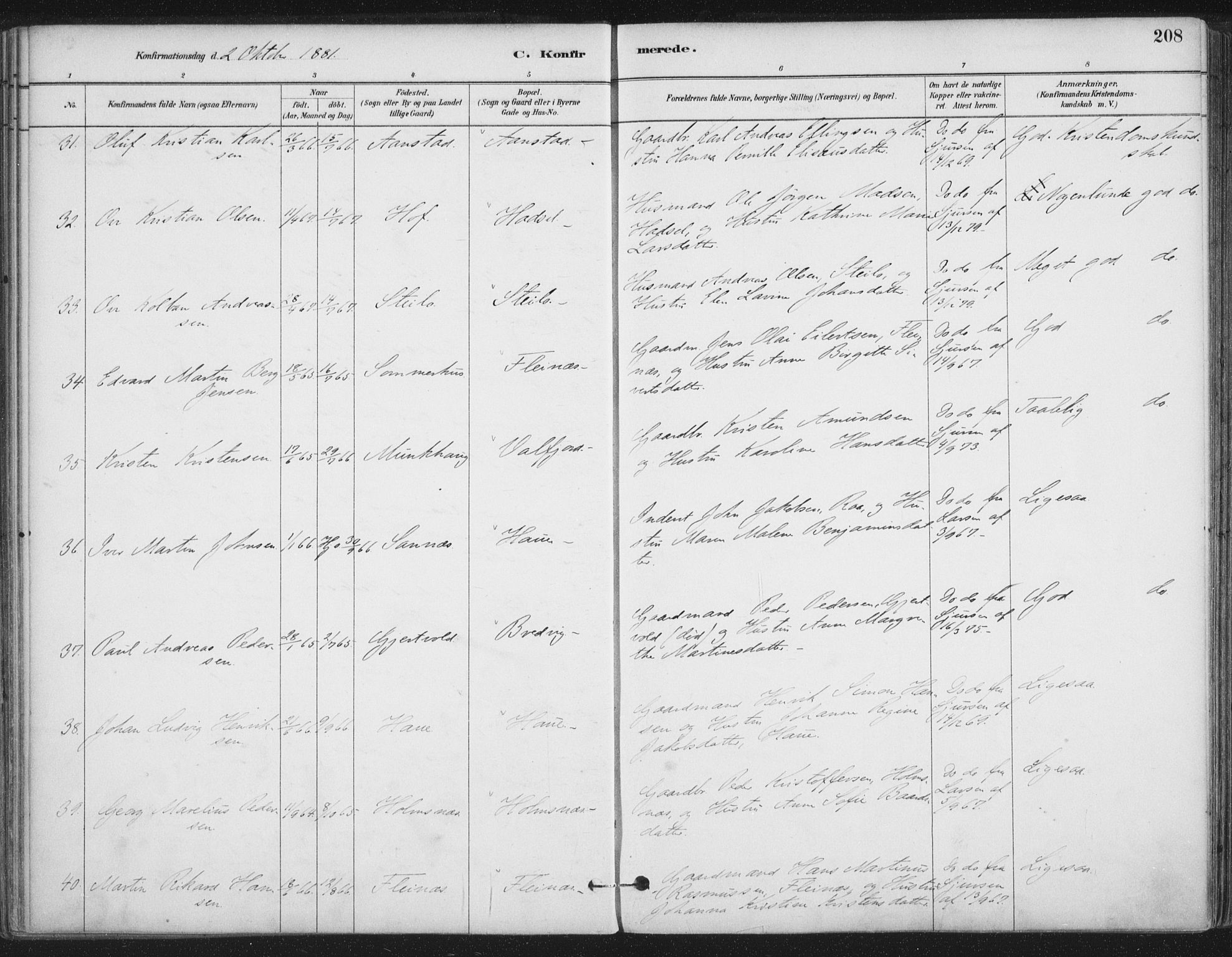 Ministerialprotokoller, klokkerbøker og fødselsregistre - Nordland, AV/SAT-A-1459/888/L1244: Parish register (official) no. 888A10, 1880-1890, p. 208