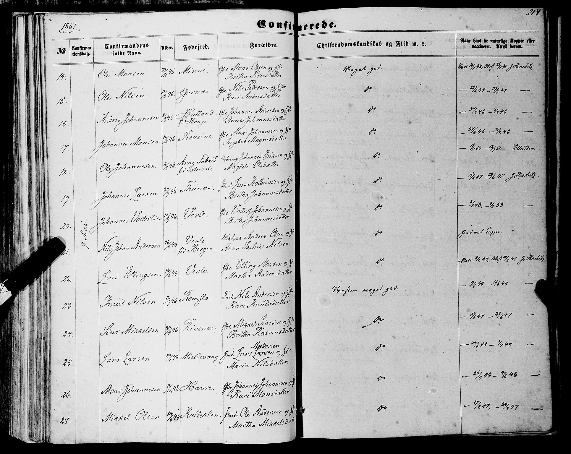 Haus sokneprestembete, AV/SAB-A-75601/H/Haa: Parish register (official) no. A 17, 1858-1870, p. 214