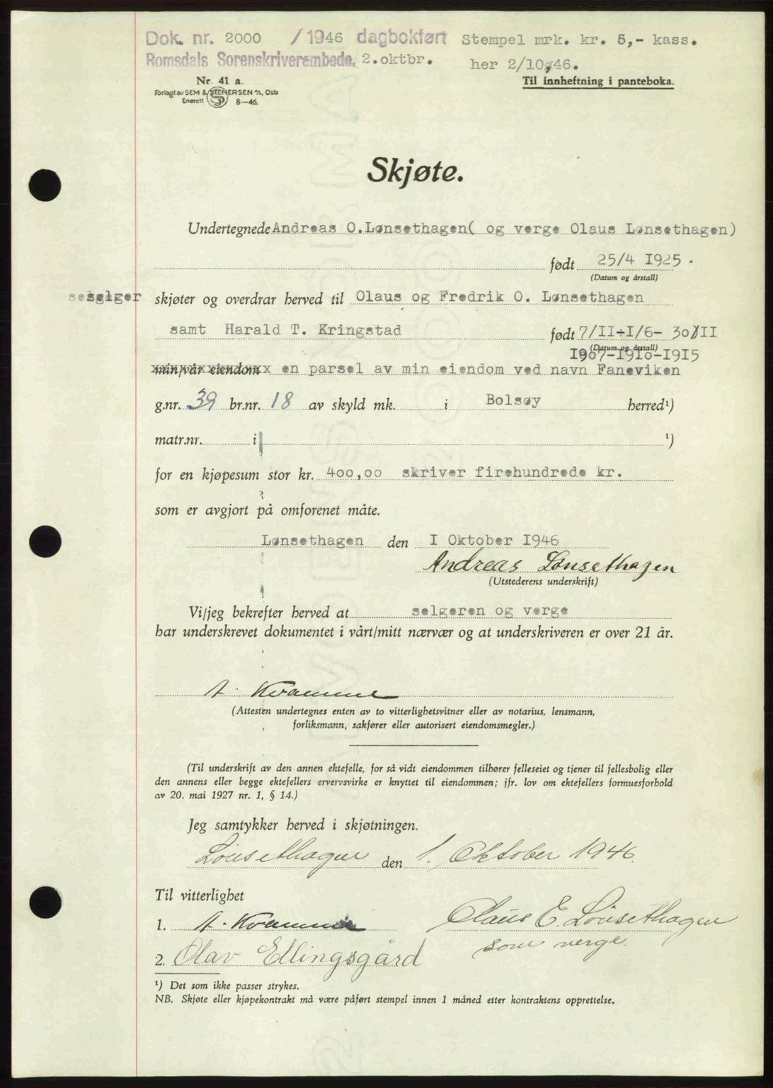 Romsdal sorenskriveri, AV/SAT-A-4149/1/2/2C: Mortgage book no. A21, 1946-1946, Diary no: : 2000/1946