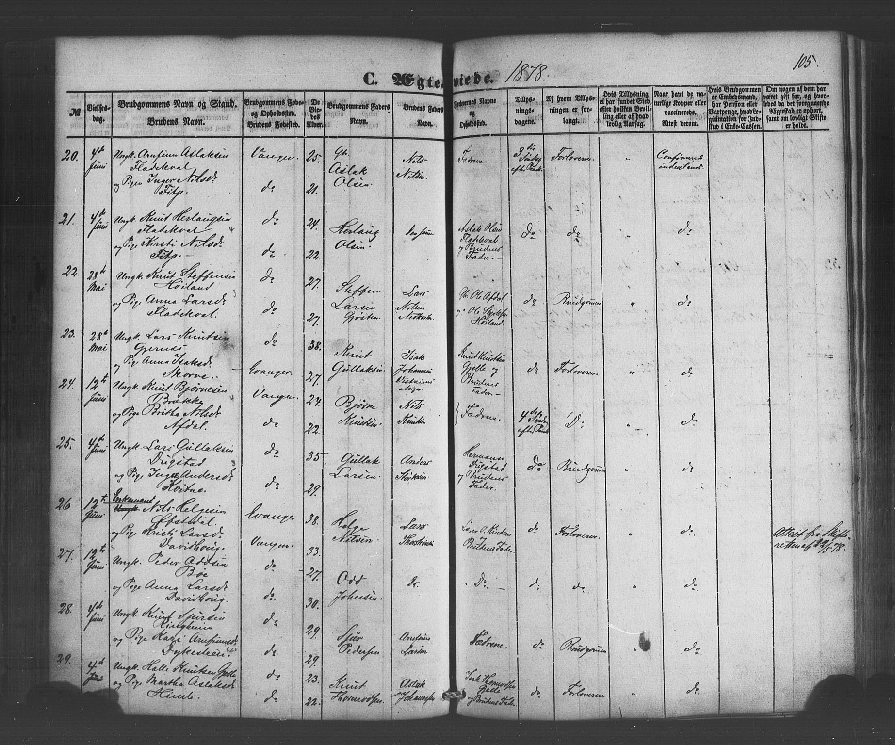 Voss sokneprestembete, AV/SAB-A-79001/H/Haa: Parish register (official) no. A 19, 1851-1886, p. 105