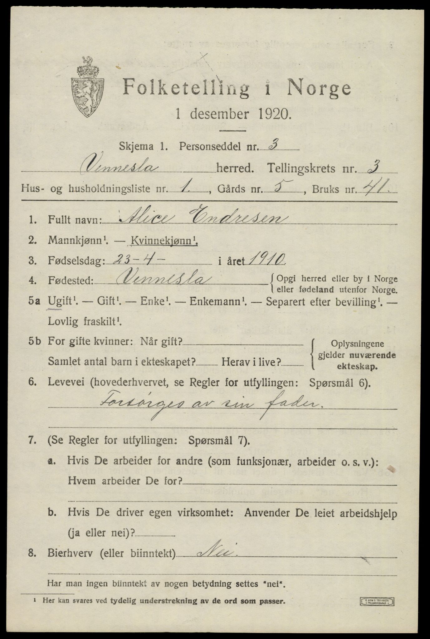 SAK, 1920 census for Vennesla, 1920, p. 2156