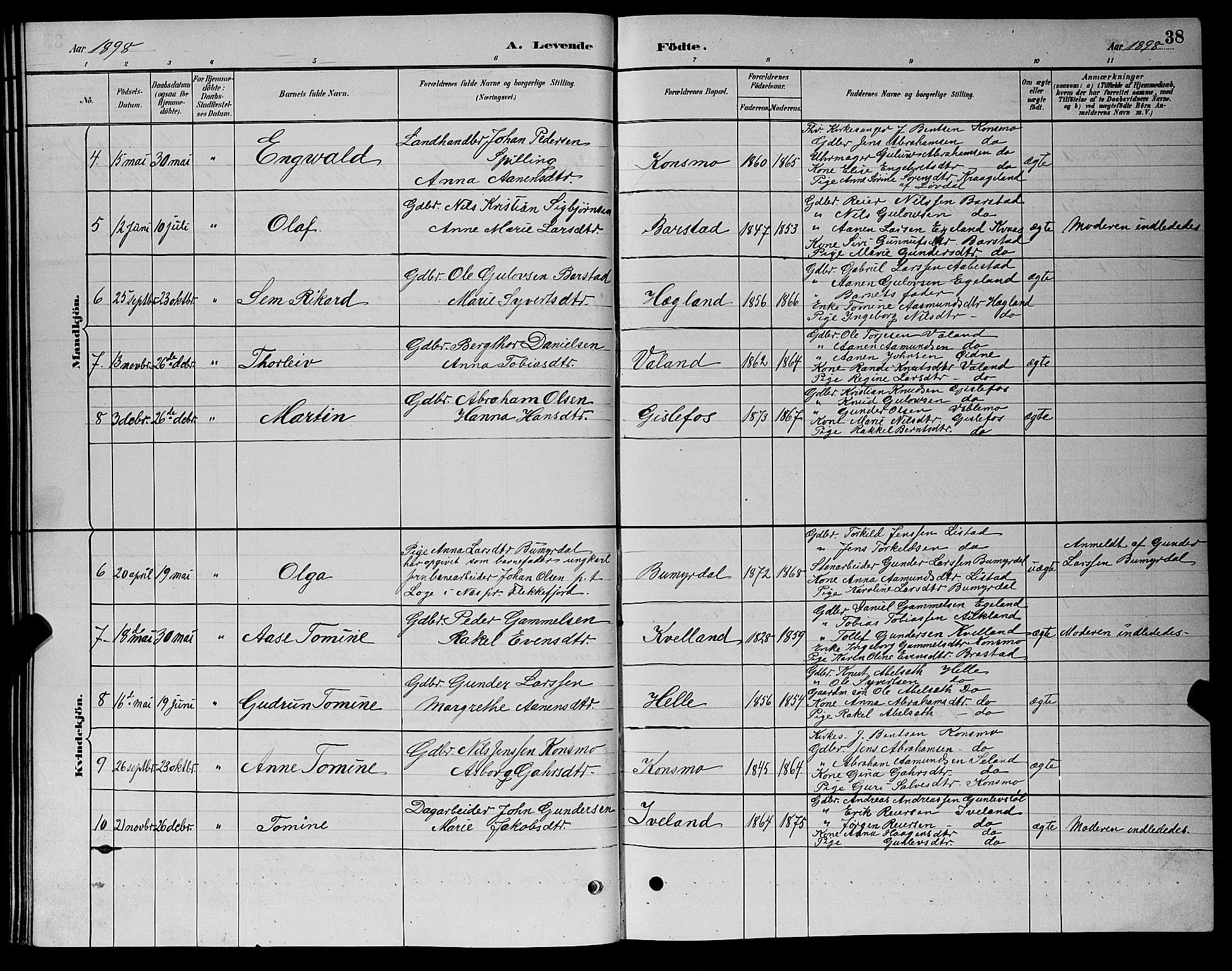 Nord-Audnedal sokneprestkontor, SAK/1111-0032/F/Fb/Fba/L0003: Parish register (copy) no. B 3, 1881-1900, p. 38