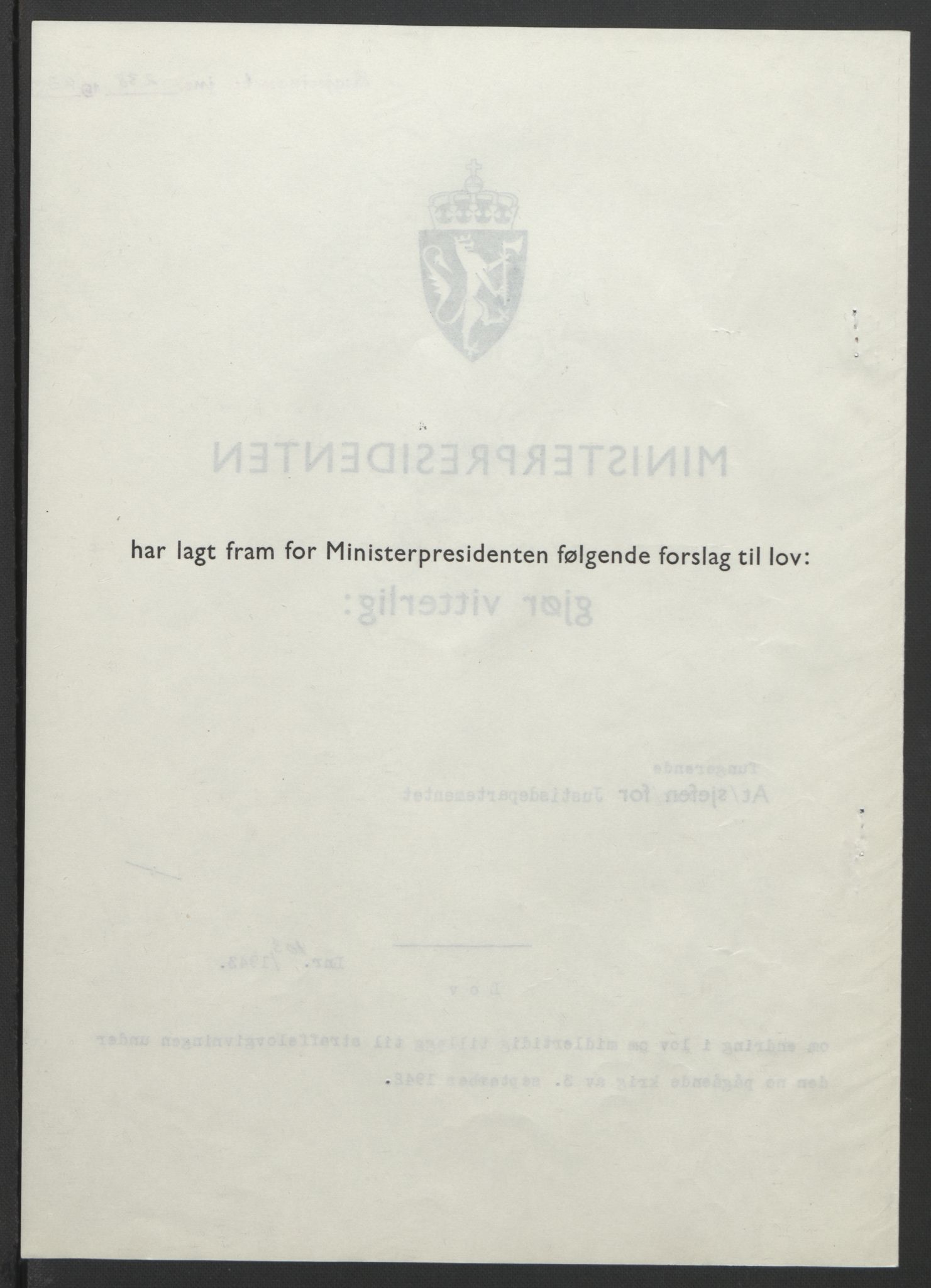 NS-administrasjonen 1940-1945 (Statsrådsekretariatet, de kommisariske statsråder mm), RA/S-4279/D/Db/L0099: Lover, 1943, p. 478