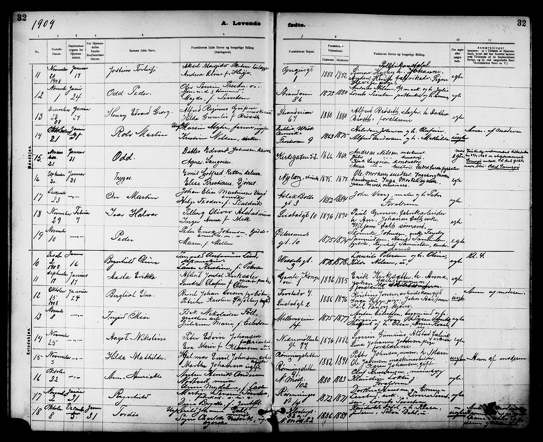 Ministerialprotokoller, klokkerbøker og fødselsregistre - Sør-Trøndelag, SAT/A-1456/605/L0254: Parish register (copy) no. 605C01, 1908-1916, p. 32
