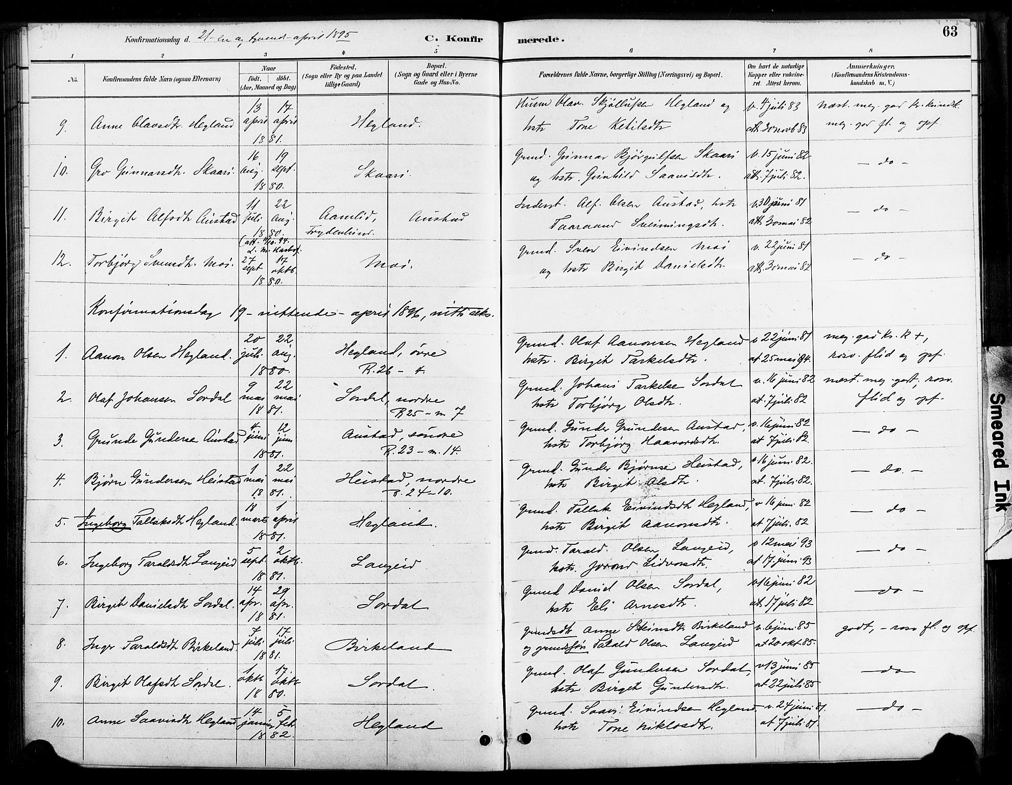 Bygland sokneprestkontor, AV/SAK-1111-0006/F/Fa/Faa/L0001: Parish register (official) no. A 1, 1885-1908, p. 63