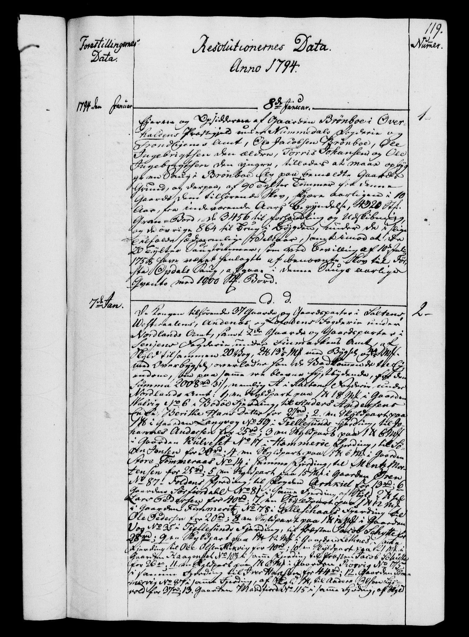 Rentekammeret, Kammerkanselliet, RA/EA-3111/G/Gf/Gfb/L0014: Register til norske relasjons- og resolusjonsprotokoller (merket RK 52.109), 1794-1796, p. 119
