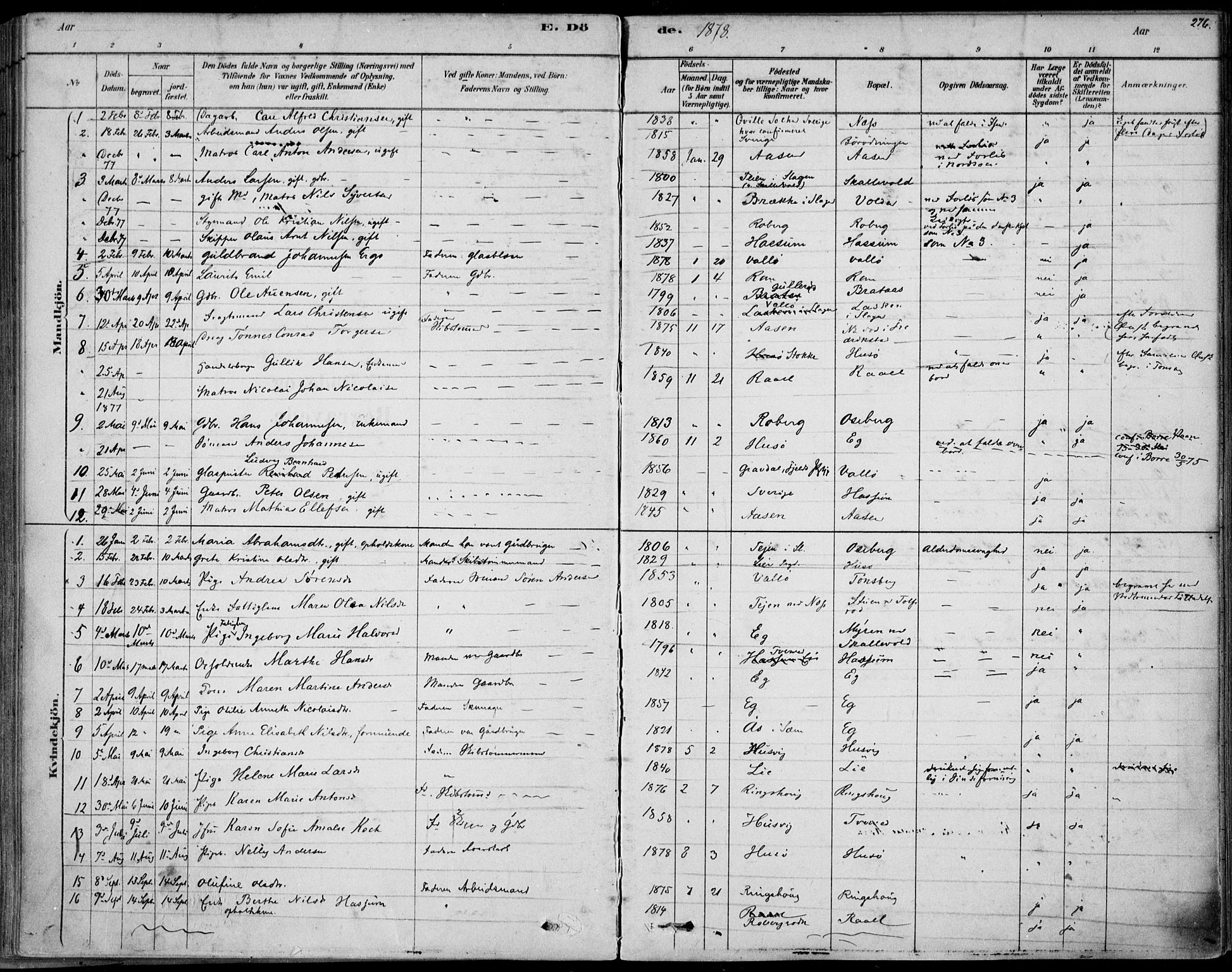 Sem kirkebøker, AV/SAKO-A-5/F/Fb/L0004: Parish register (official) no. II 4, 1878-1891, p. 276