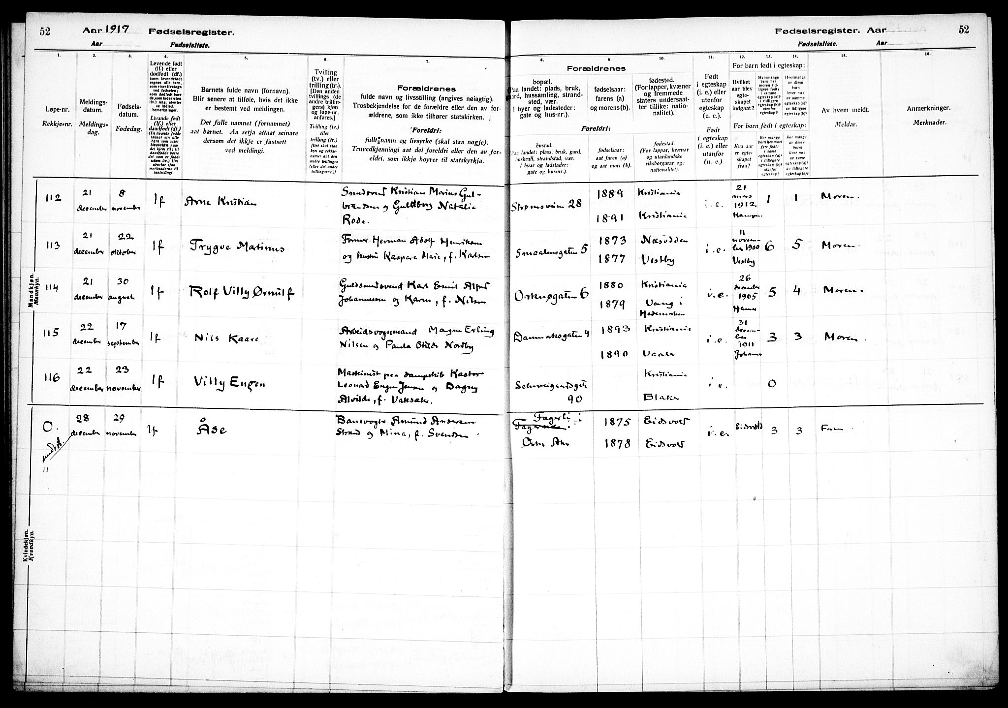 Vålerengen prestekontor Kirkebøker, AV/SAO-A-10878/J/Ja/L0001: Birth register no. 1, 1916-1924, p. 52