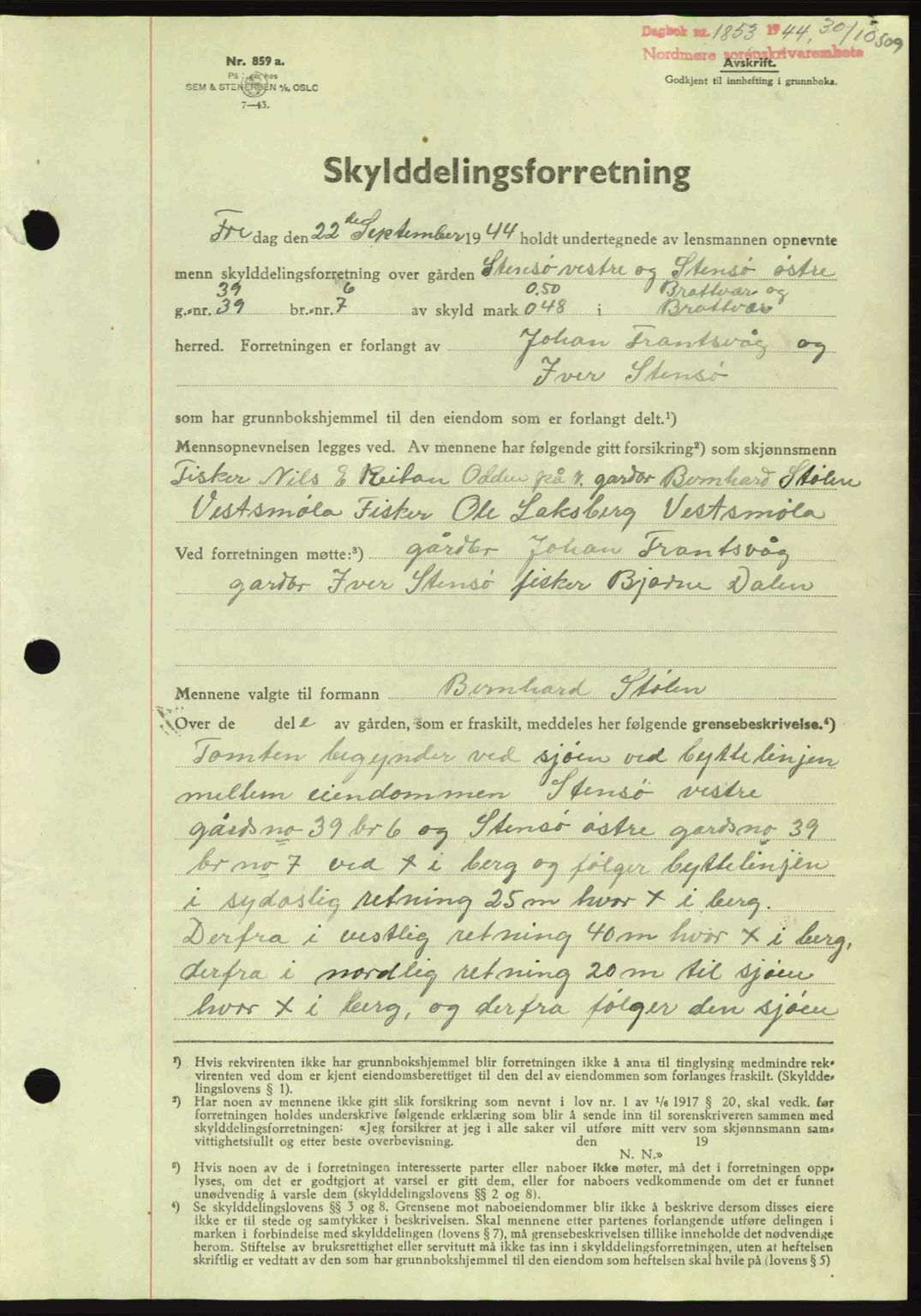 Nordmøre sorenskriveri, AV/SAT-A-4132/1/2/2Ca: Mortgage book no. A98, 1944-1944, Diary no: : 1853/1944