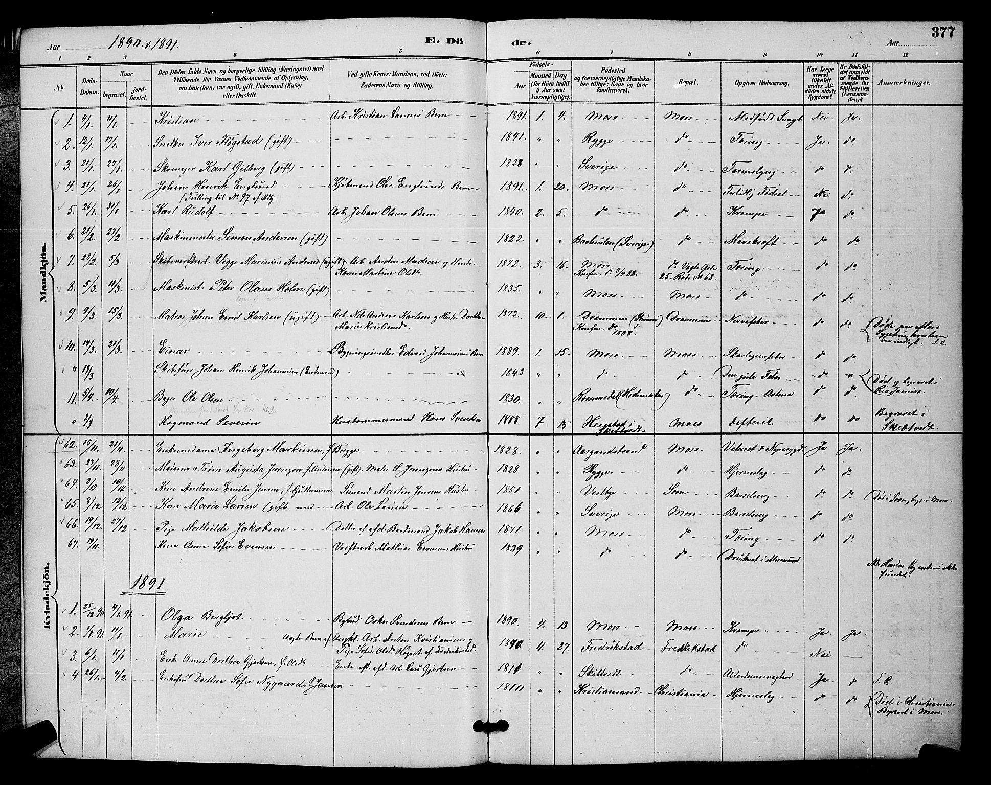 Moss prestekontor Kirkebøker, SAO/A-2003/G/Ga/L0006: Parish register (copy) no. I 6, 1889-1900, p. 377