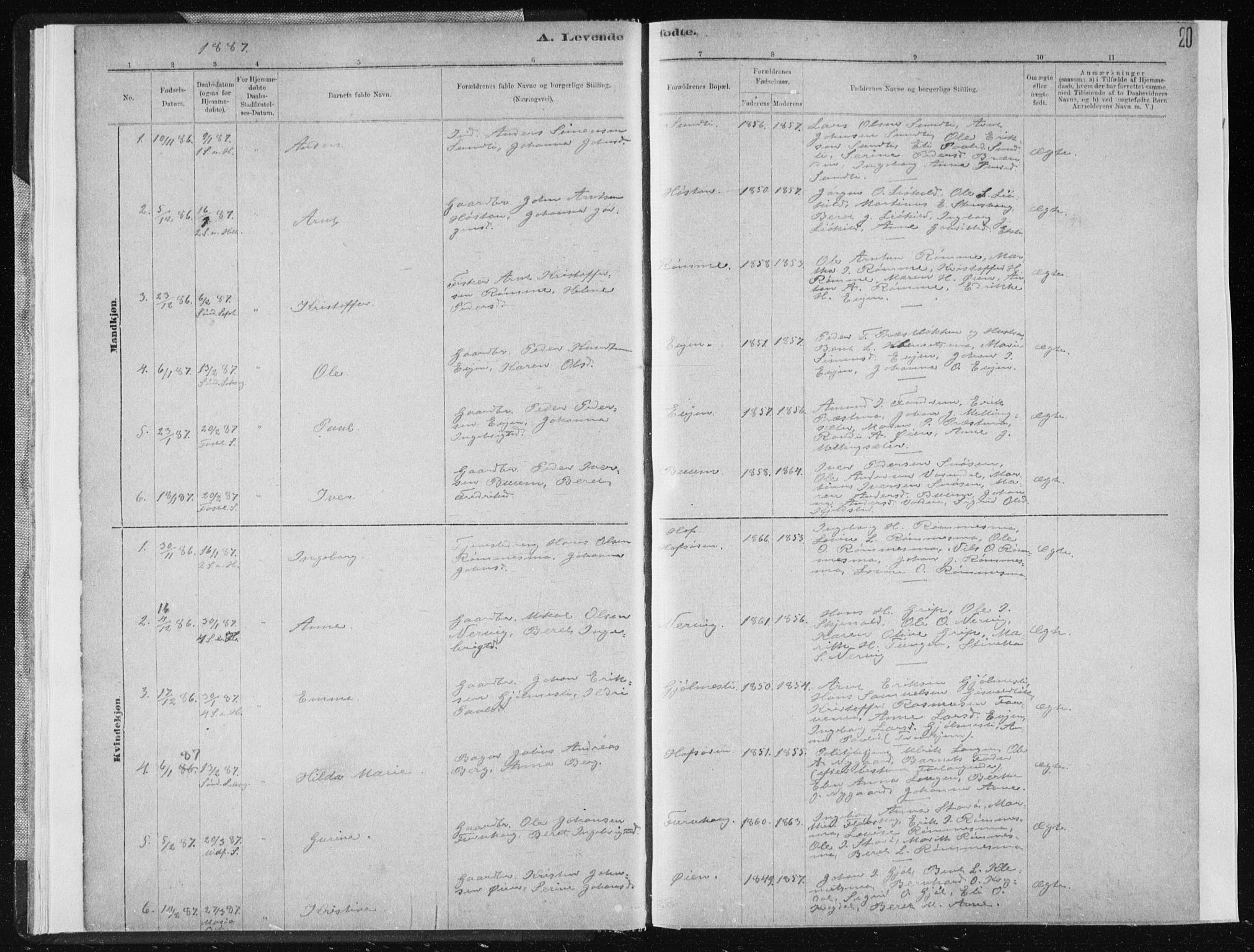 Ministerialprotokoller, klokkerbøker og fødselsregistre - Sør-Trøndelag, SAT/A-1456/668/L0818: Parish register (copy) no. 668C07, 1885-1898, p. 20