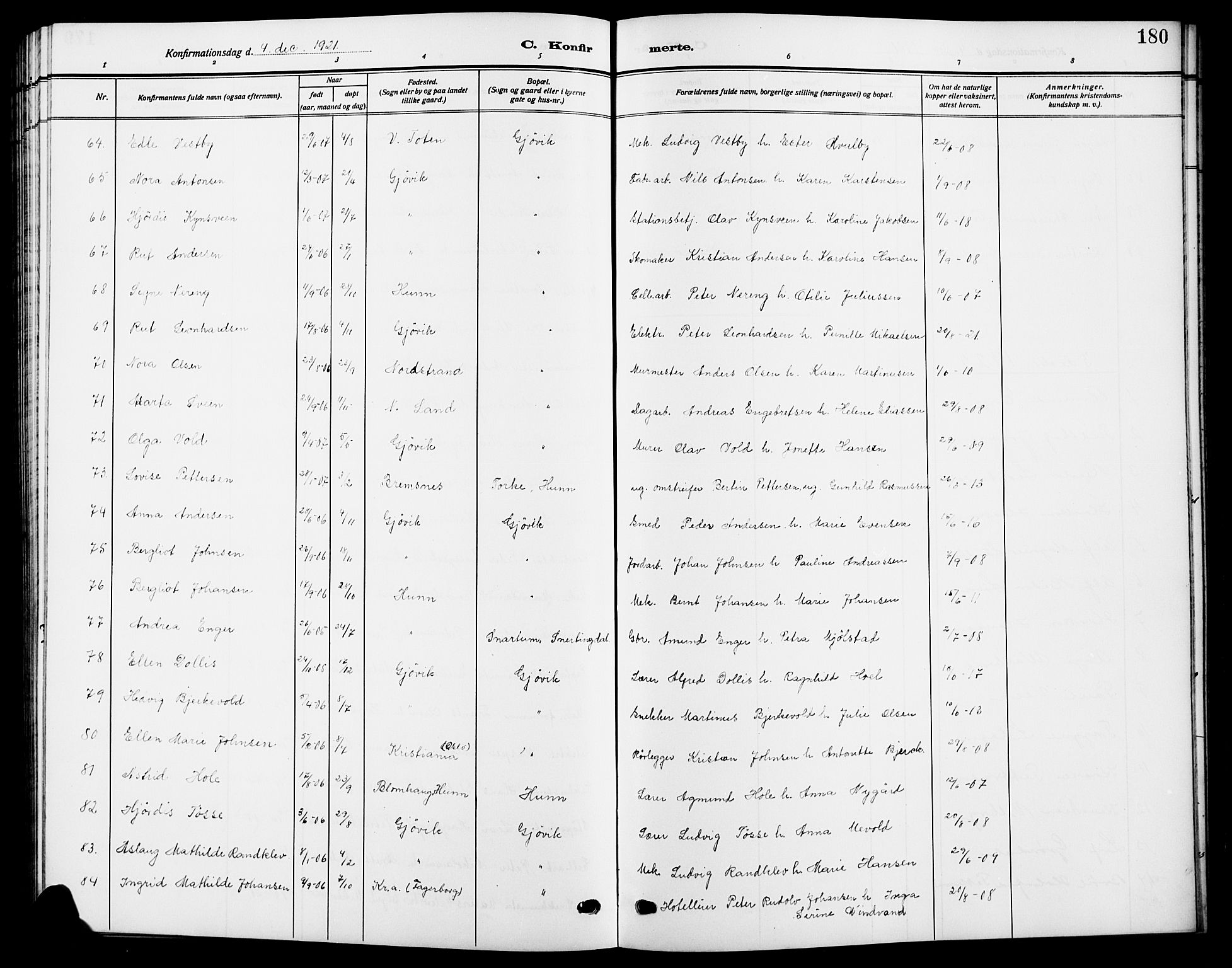 Vardal prestekontor, SAH/PREST-100/H/Ha/Hab/L0014: Parish register (copy) no. 14, 1911-1922, p. 180