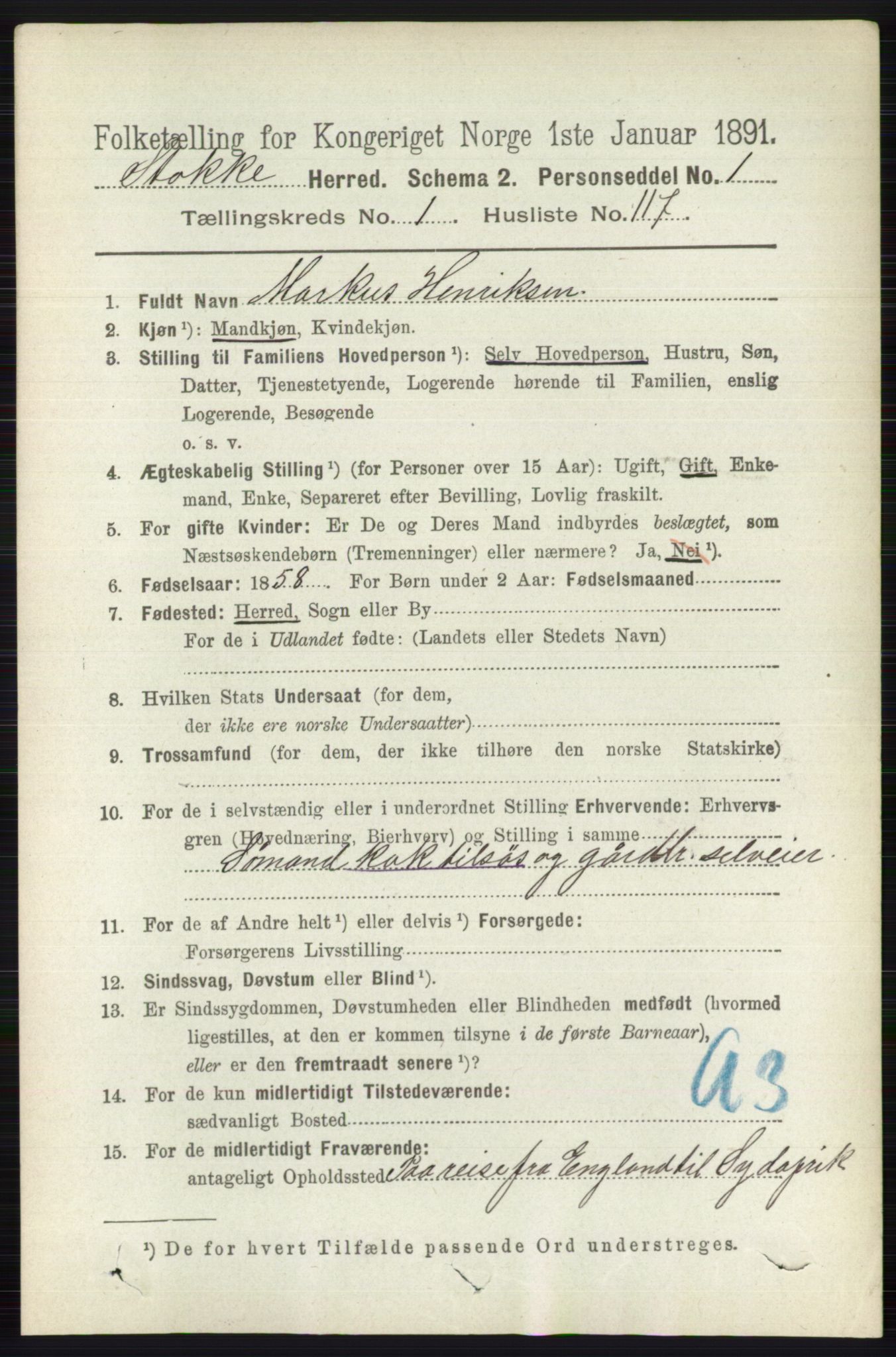 RA, 1891 census for 0720 Stokke, 1891, p. 854