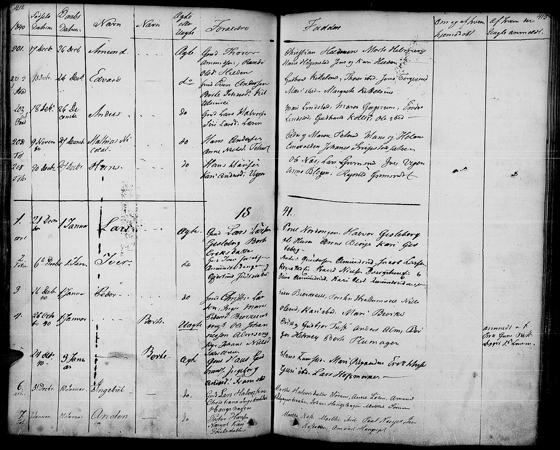 Gran prestekontor, SAH/PREST-112/H/Ha/Haa/L0010: Parish register (official) no. 10, 1824-1842, p. 412-413