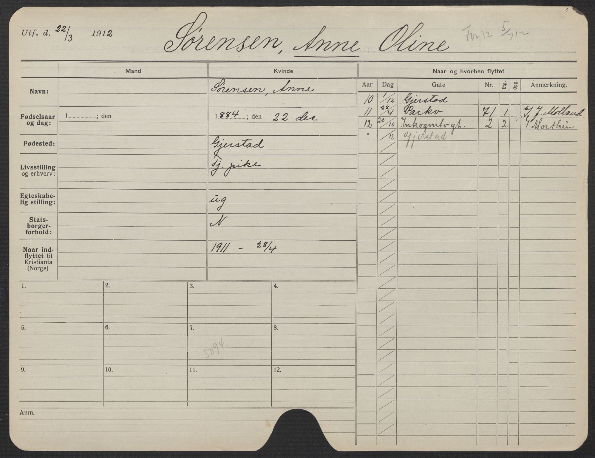Oslo folkeregister, Registerkort, AV/SAO-A-11715/F/Fa/Fac/L0024: Kvinner, 1906-1914, p. 867a