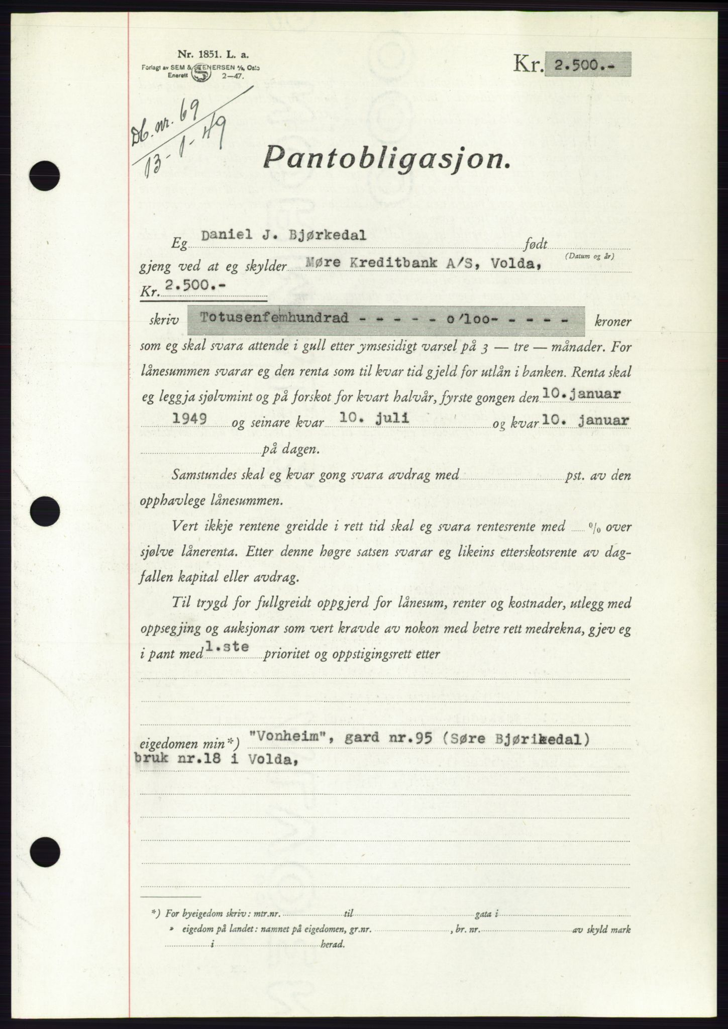 Søre Sunnmøre sorenskriveri, AV/SAT-A-4122/1/2/2C/L0116: Mortgage book no. 4B, 1948-1949, Diary no: : 69/1949