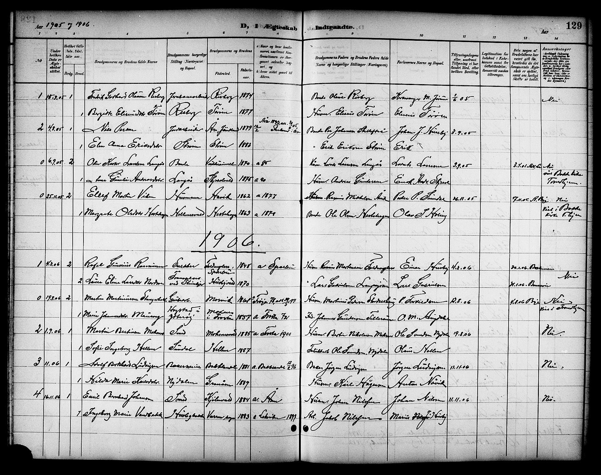 Ministerialprotokoller, klokkerbøker og fødselsregistre - Nord-Trøndelag, SAT/A-1458/714/L0135: Parish register (copy) no. 714C04, 1899-1918, p. 129
