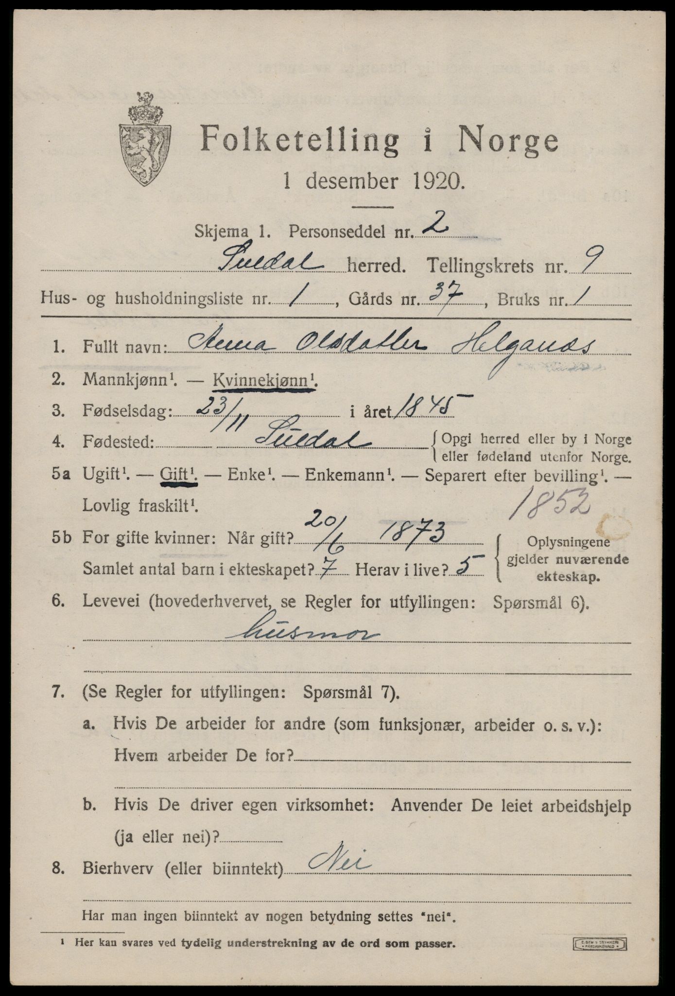 SAST, 1920 census for Suldal, 1920, p. 2148