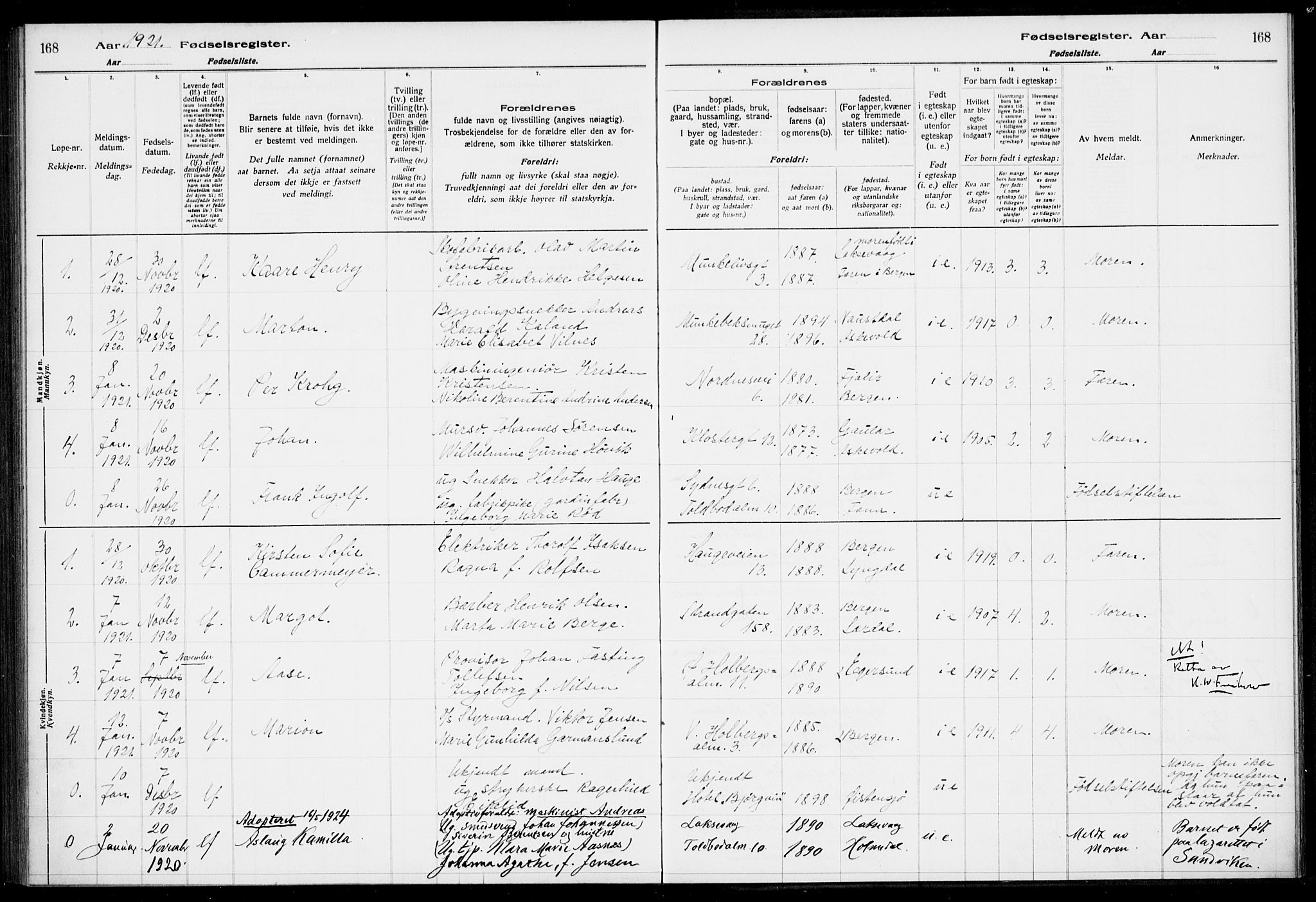 Nykirken Sokneprestembete, AV/SAB-A-77101/I/Id/L00A1: Birth register no. A 1, 1916-1922, p. 168