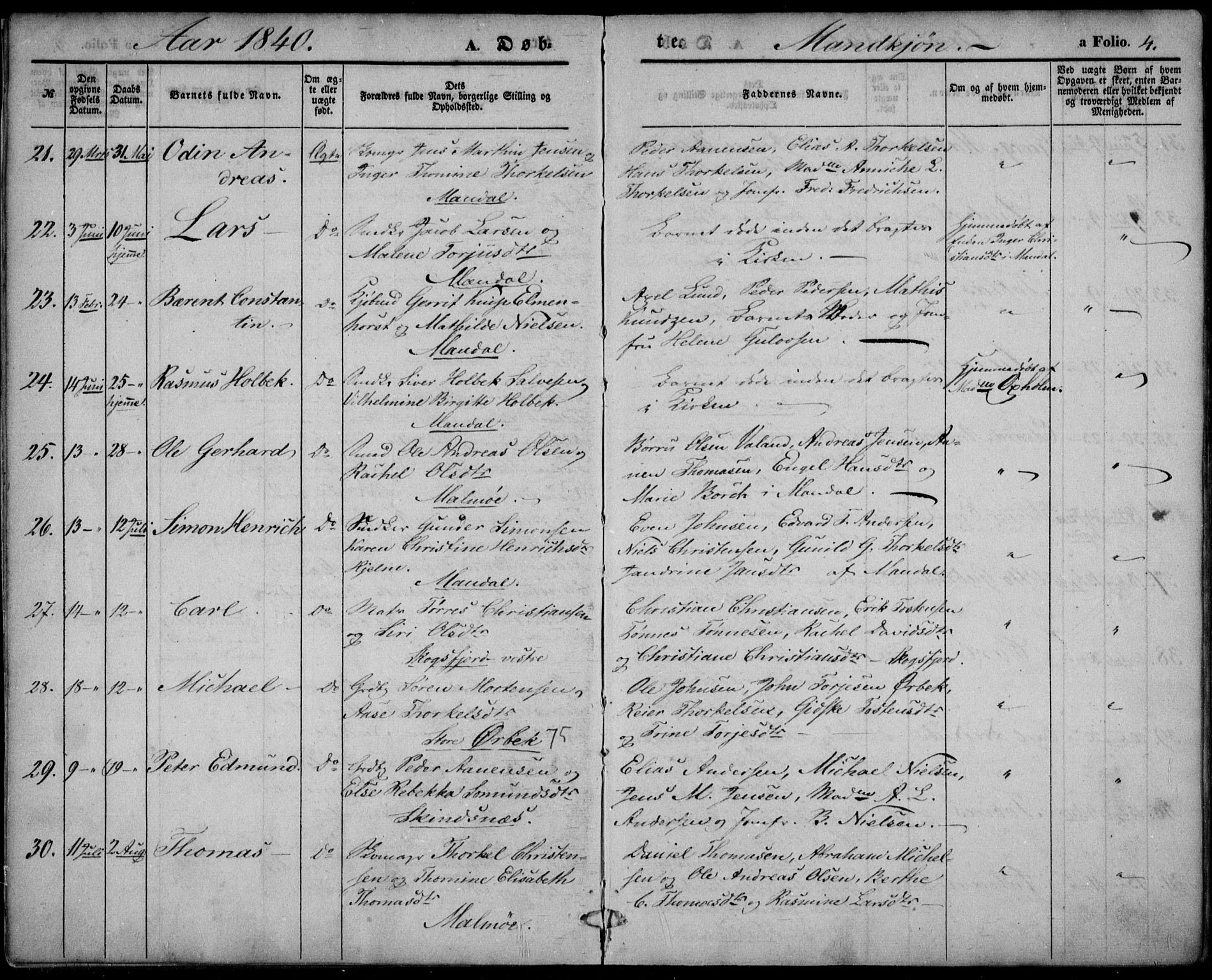 Mandal sokneprestkontor, SAK/1111-0030/F/Fa/Faa/L0012: Parish register (official) no. A 12, 1840-1847, p. 4