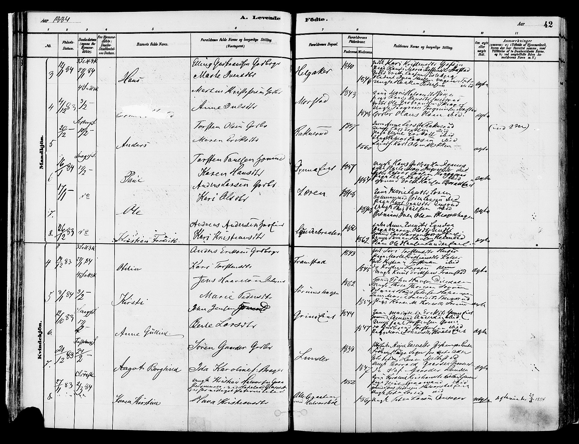 Gran prestekontor, AV/SAH-PREST-112/H/Ha/Haa/L0014: Parish register (official) no. 14, 1880-1889, p. 42