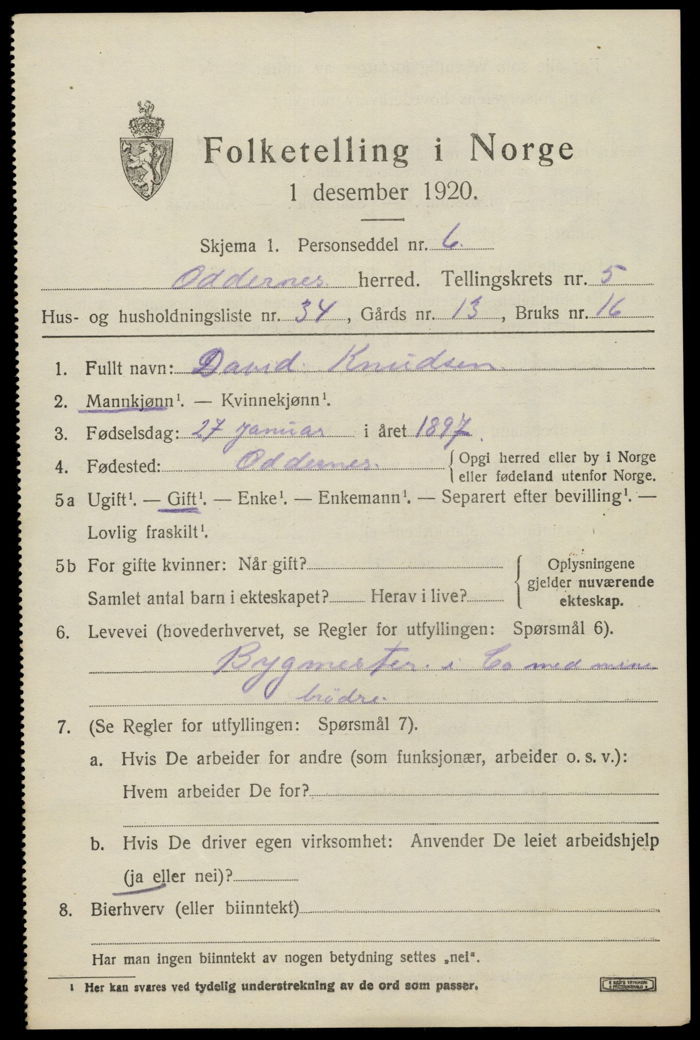 SAK, 1920 census for Oddernes, 1920, p. 4673