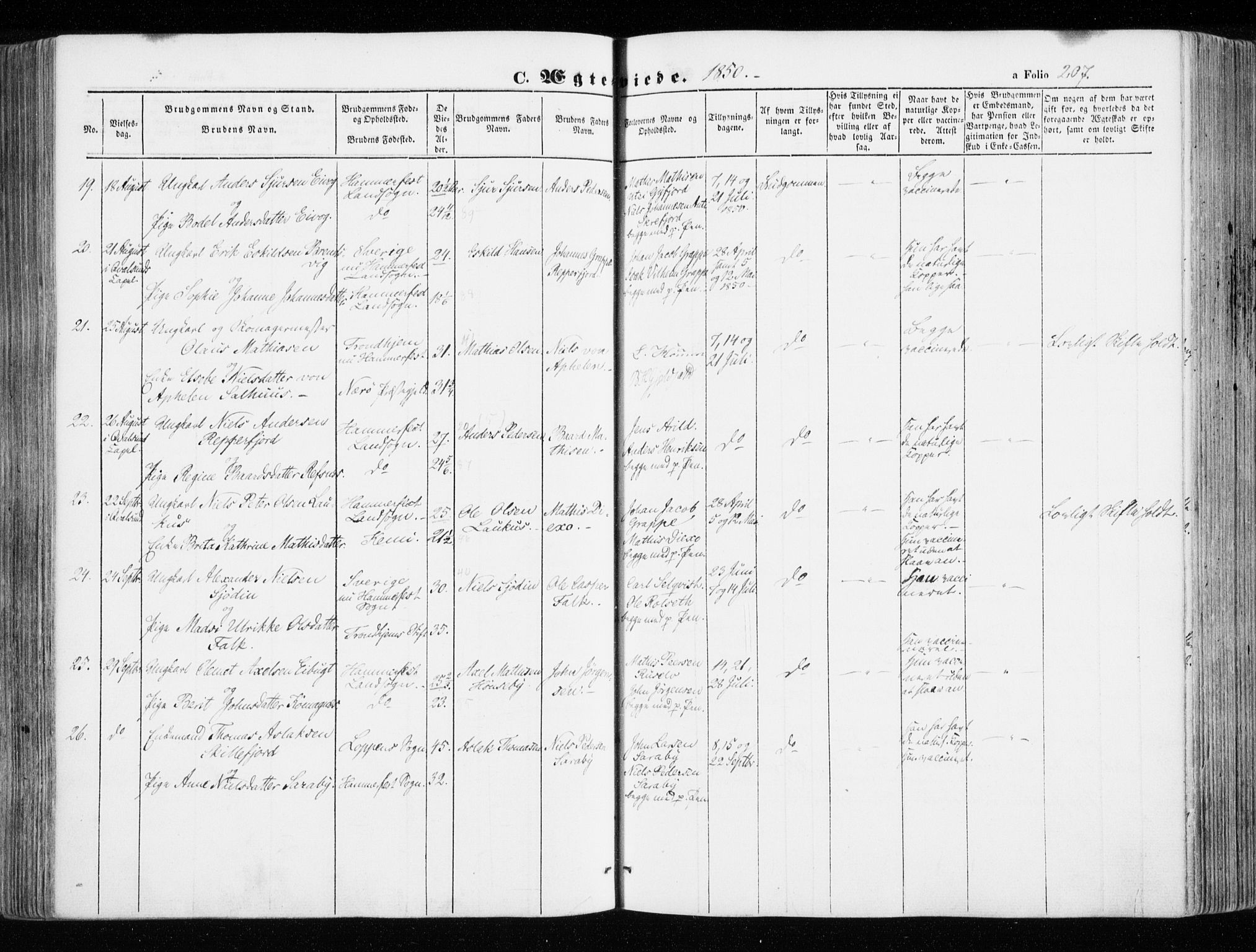 Hammerfest sokneprestkontor, AV/SATØ-S-1347/H/Ha/L0004.kirke: Parish register (official) no. 4, 1843-1856, p. 207