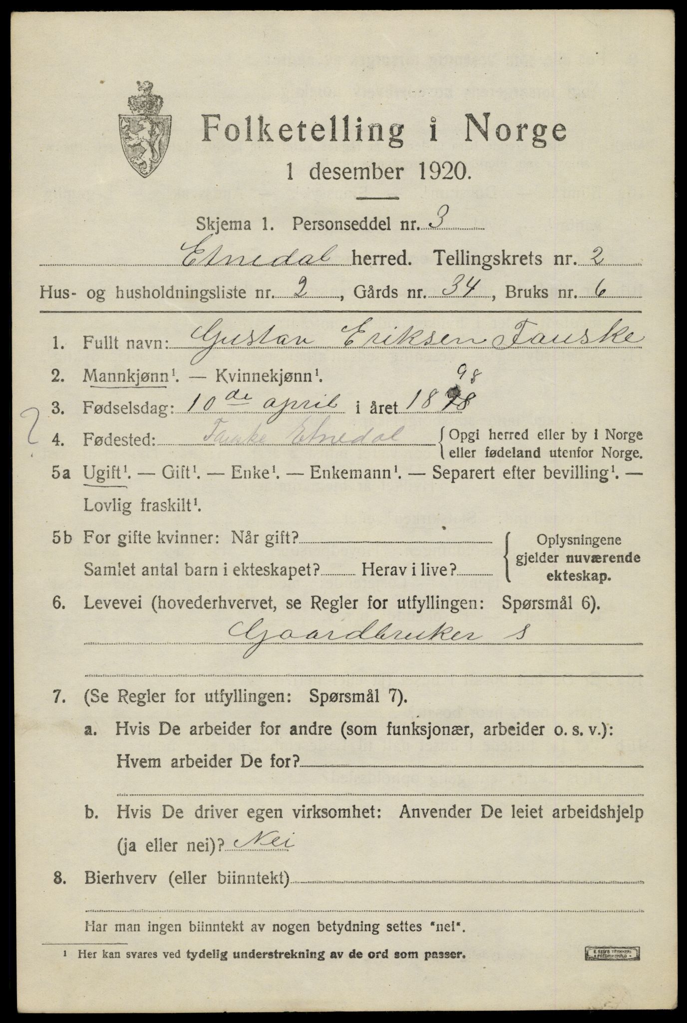 SAH, 1920 census for Etnedal, 1920, p. 1054