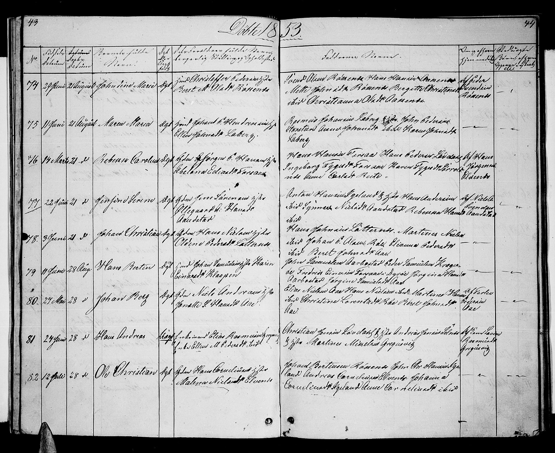 Ibestad sokneprestembete, SATØ/S-0077/H/Ha/Hab/L0004klokker: Parish register (copy) no. 4, 1852-1860, p. 43-44