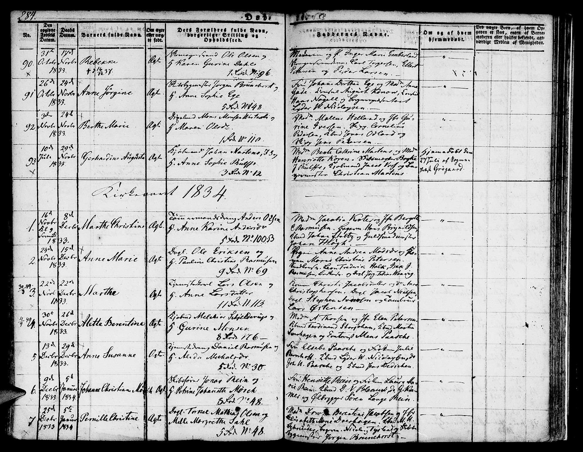 Nykirken Sokneprestembete, SAB/A-77101/H/Hab: Parish register (copy) no. A 5I, 1821-1841, p. 284