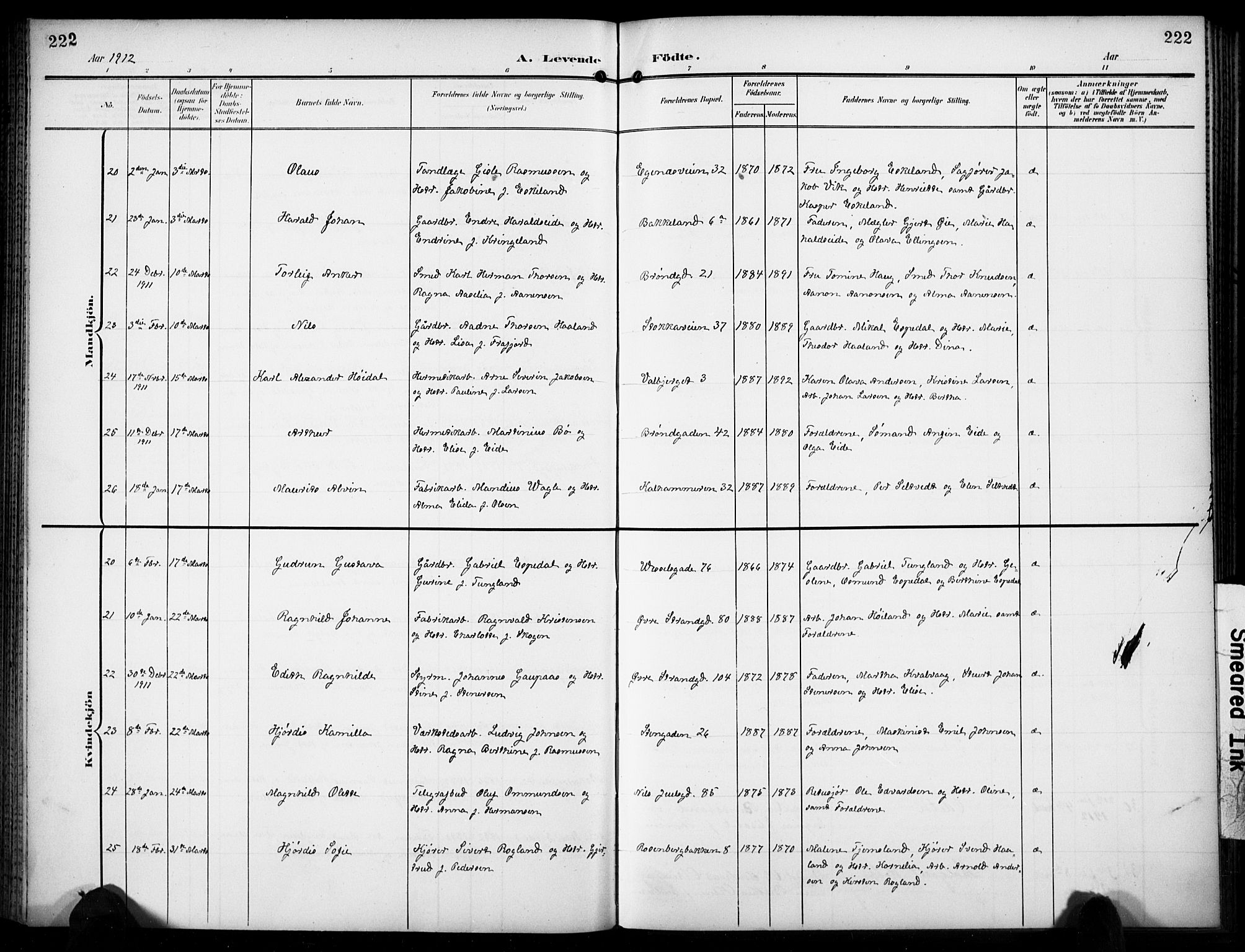 Domkirken sokneprestkontor, AV/SAST-A-101812/001/30/30BB/L0018: Parish register (copy) no. B 18, 1903-1915, p. 222